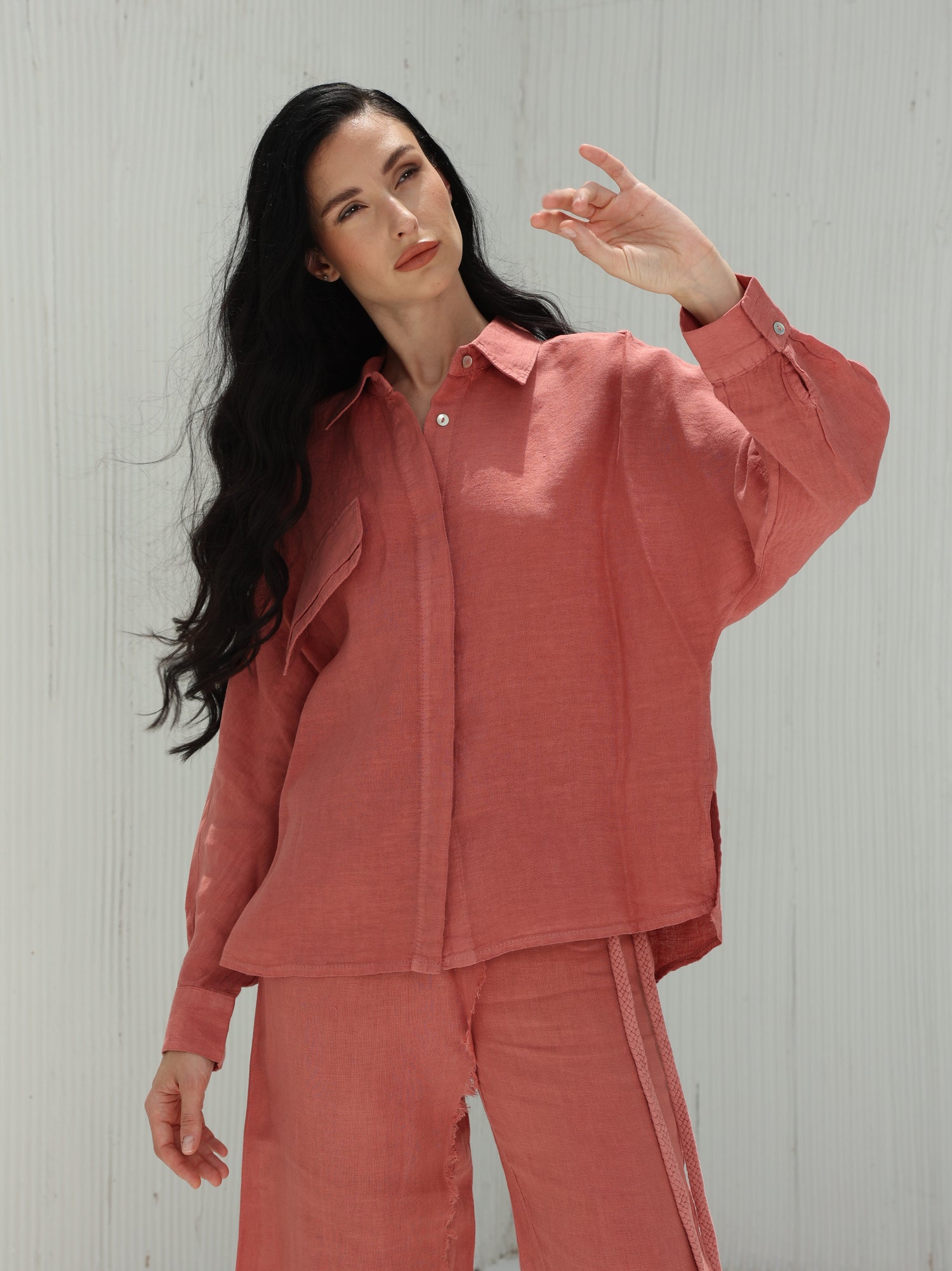 Lia Pure Linen Shirt from G Linen World - Pink Pepper - Front shot