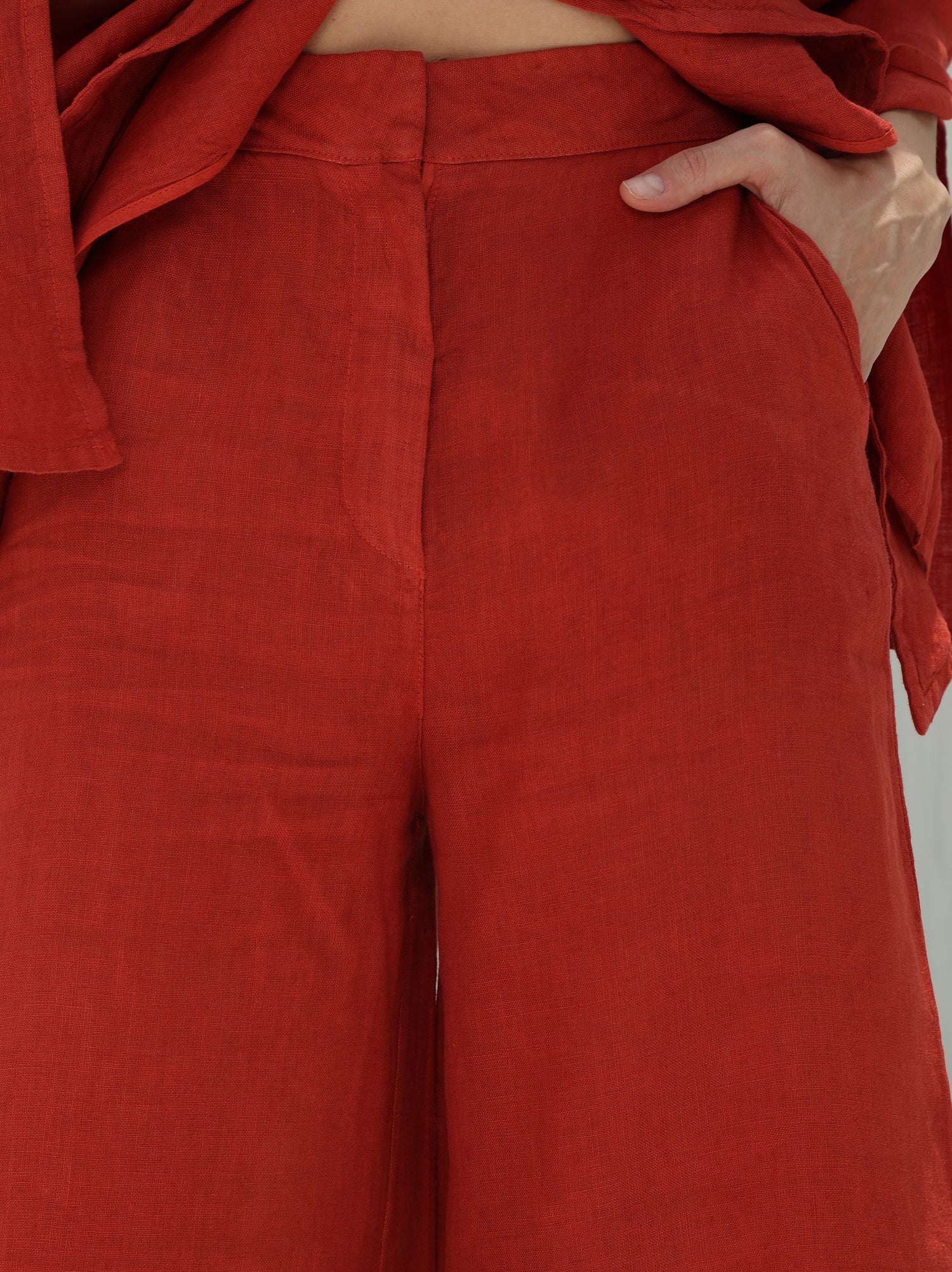 Sofia Pure Linen Side-Slit Pants From G Linen - Pompeian Red - Details