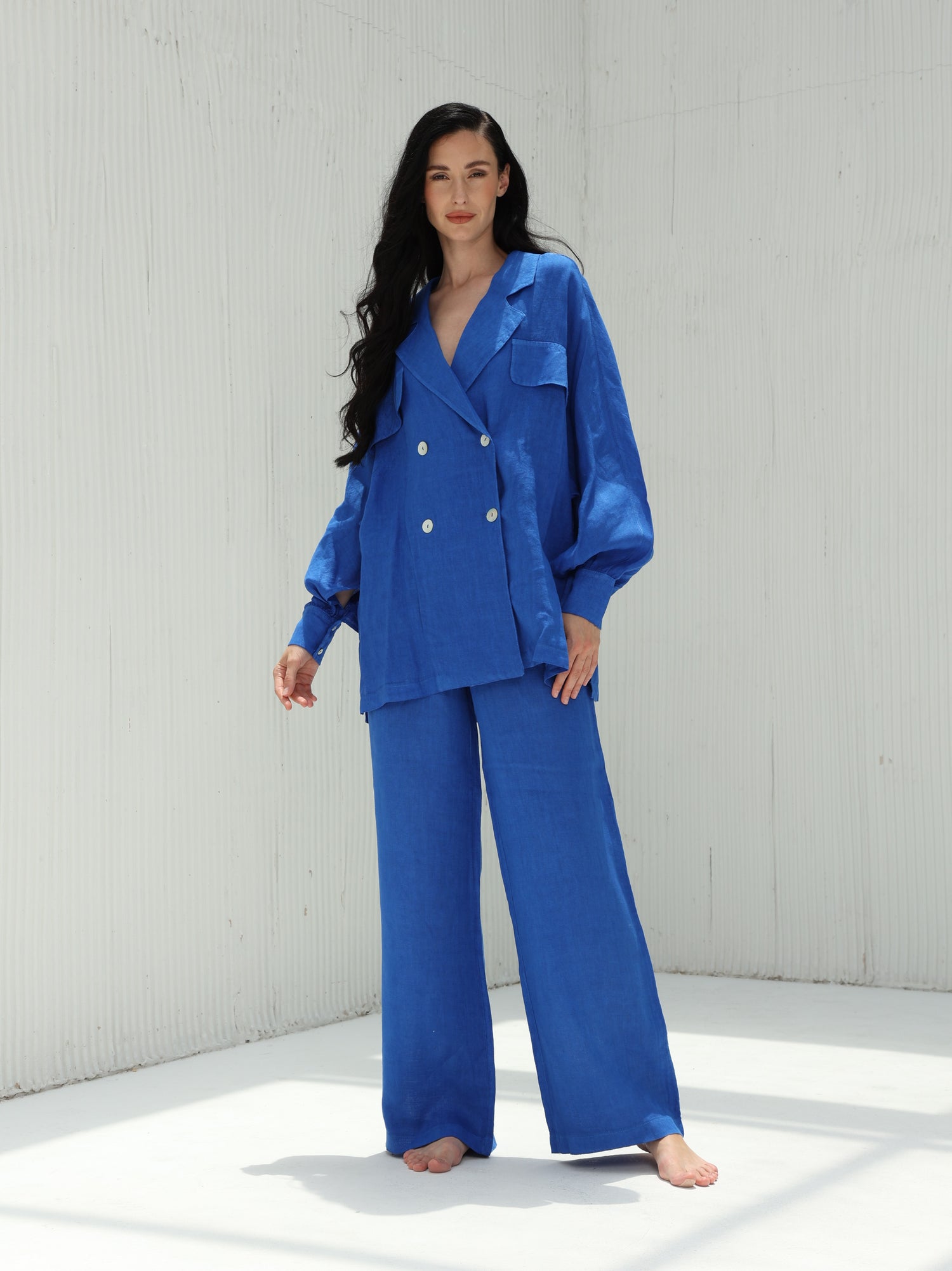 Fia Pure Linen Double-Breasted Blazer from G Linen World - Classic Blue - Coord set