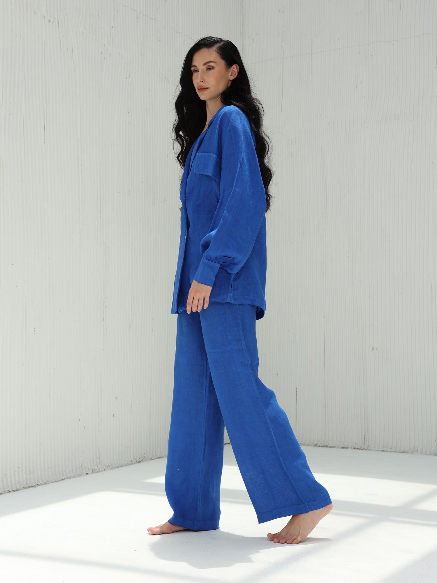 Fia Pure Linen Double-Breasted Blazer from G Linen World - Classic Blue - Side shot