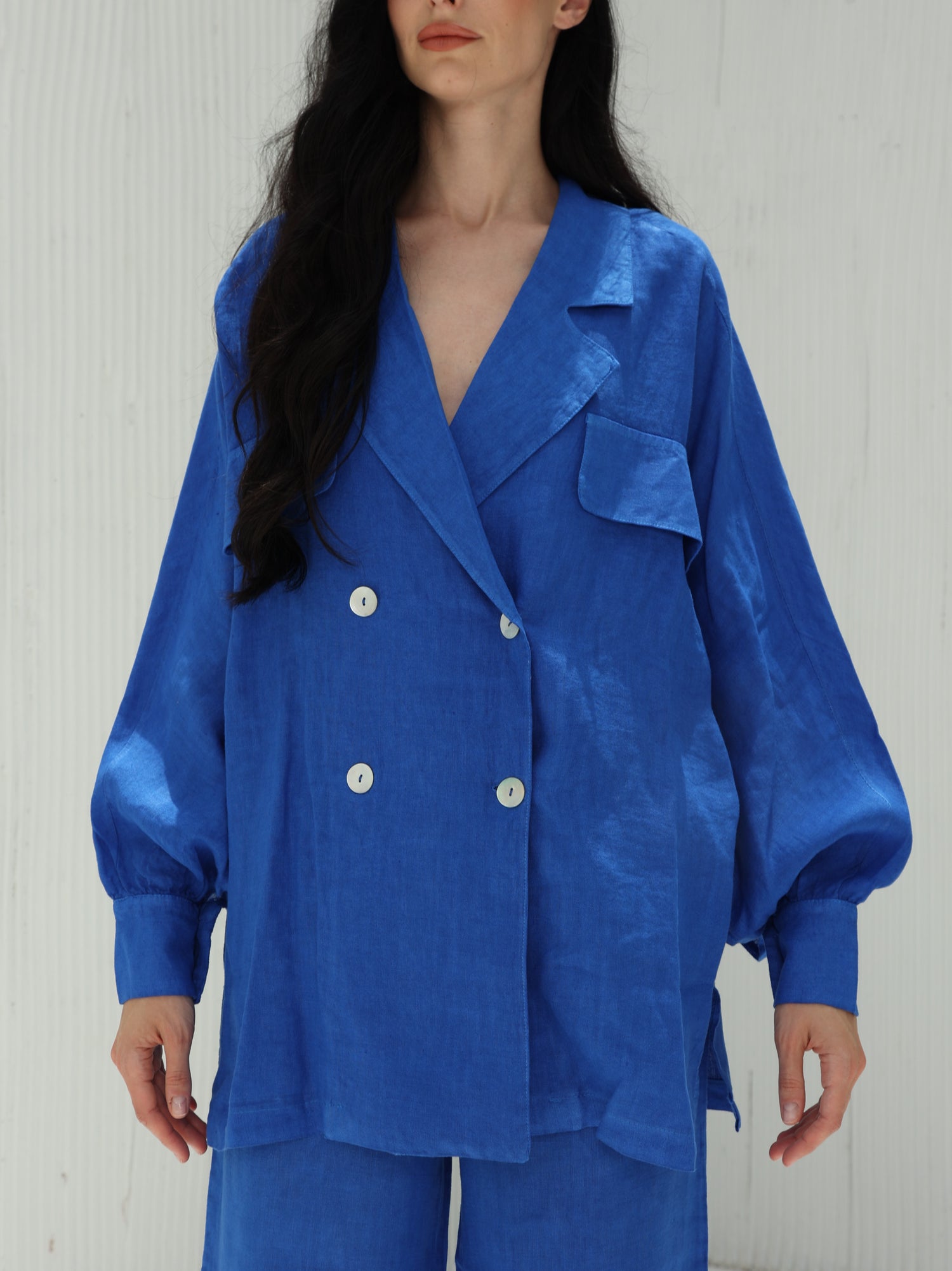 Fia Pure Linen Double-Breasted Blazer from G Linen World - Classic Blue