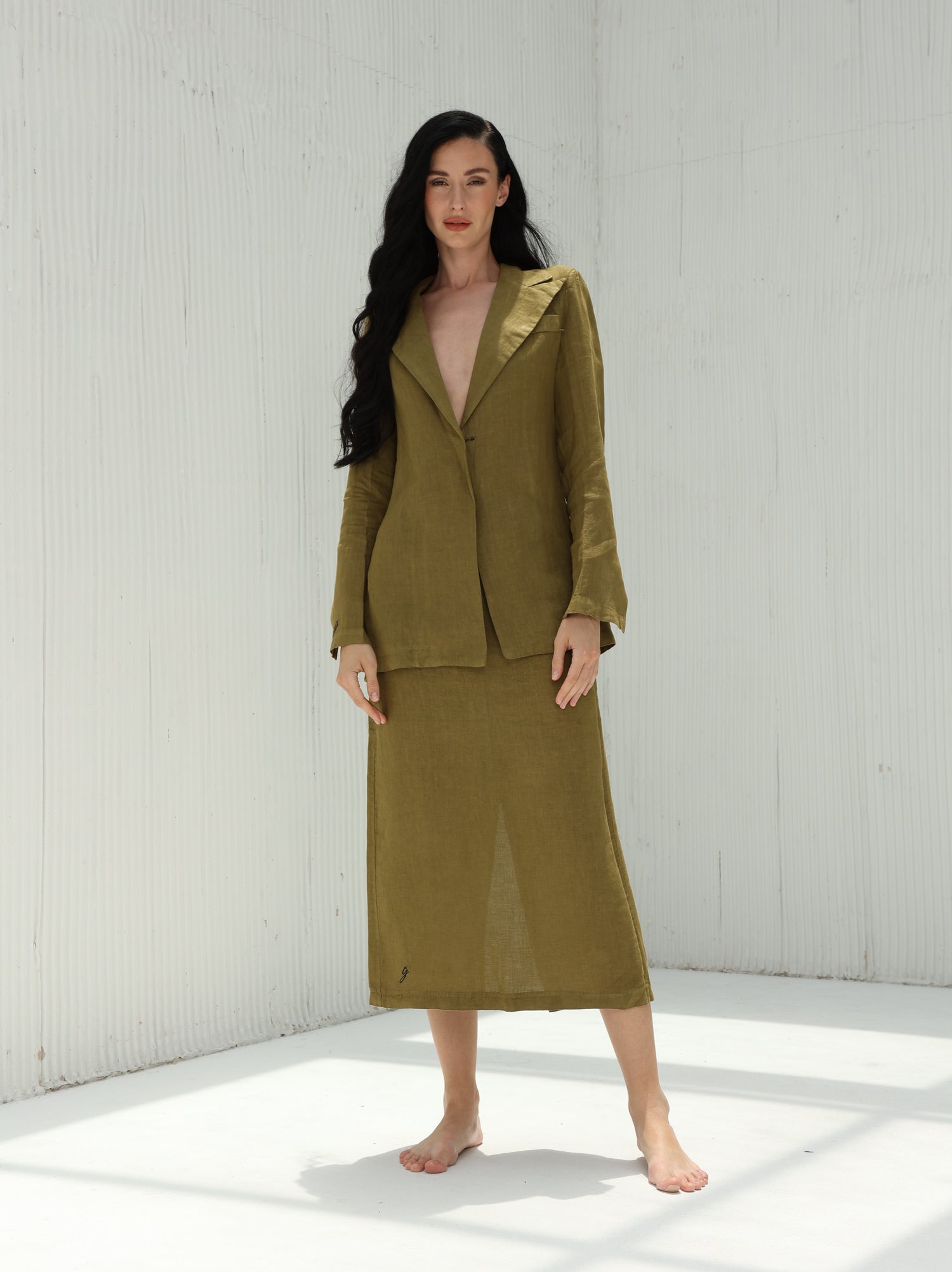 Eva 100% Linen Shirt by G Linen World - Olive  - Skirt & shirt set