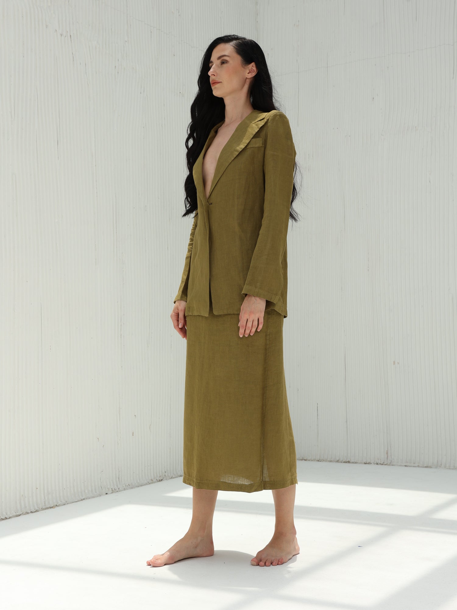 Eva 100% Linen Shirt by G Linen World - Olive  - Skirt & shirt set