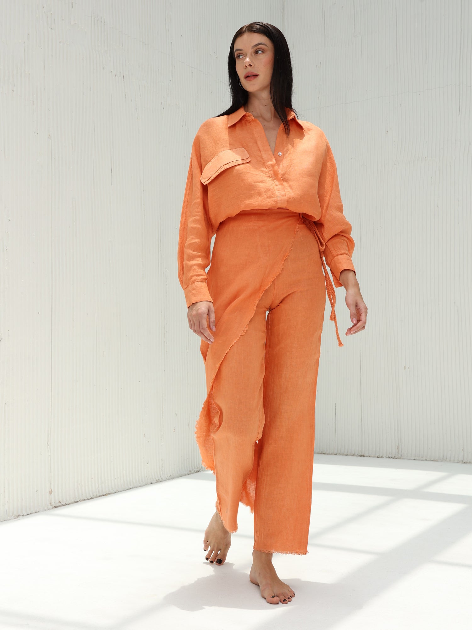 Lia Pure Linen Wrap Skirt Pants by G Linen  - Dusted Clay Pants and Shirt set