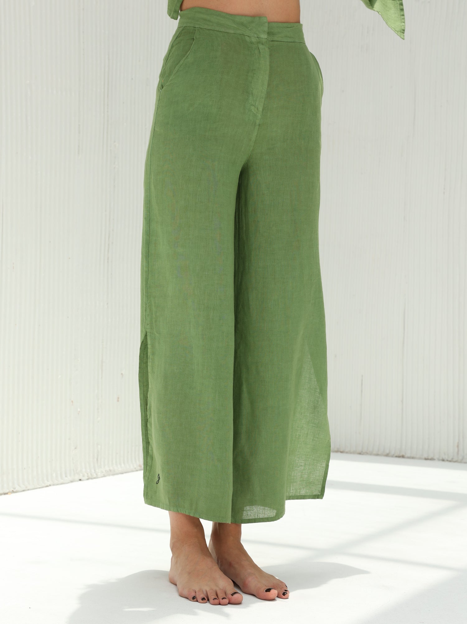 Sofia Pure Linen Side-Slit Pants From G Linen - Grass - Front