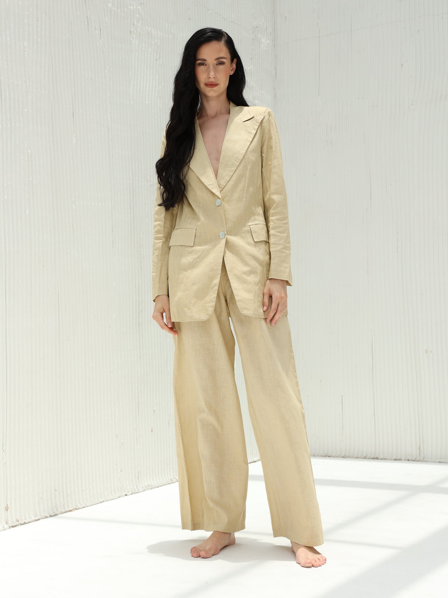 Piera Classic Linen Pants from G Linen World - Hay - Front shot suit
