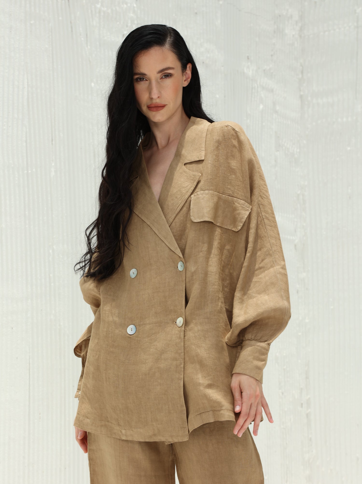 Fia Pure Linen Double-Breasted Blazer from G Linen World - Colonial - Front shot