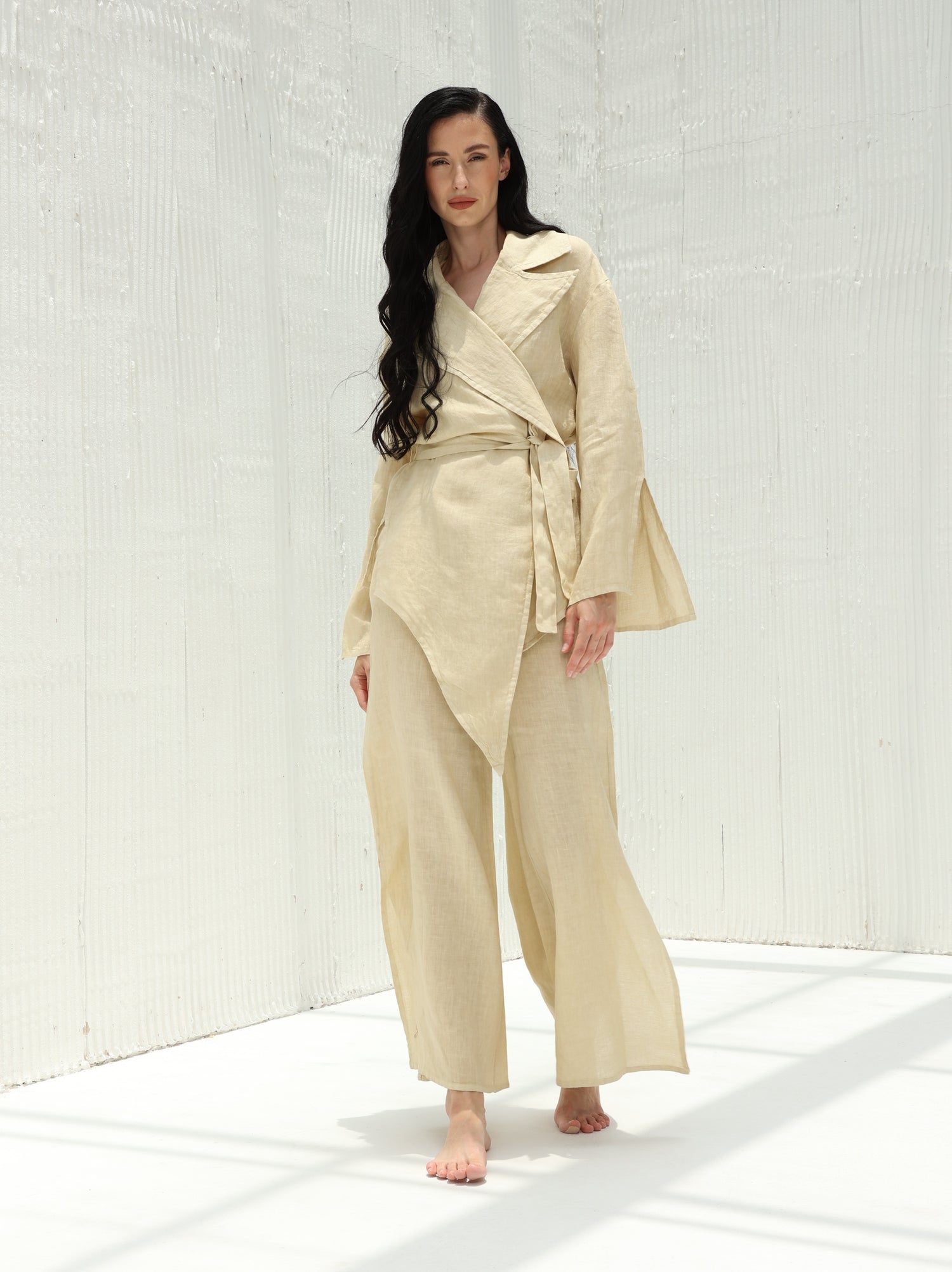 Sofia Pure Linen Side-Slit Pants From G Linen - Hay - Coord set