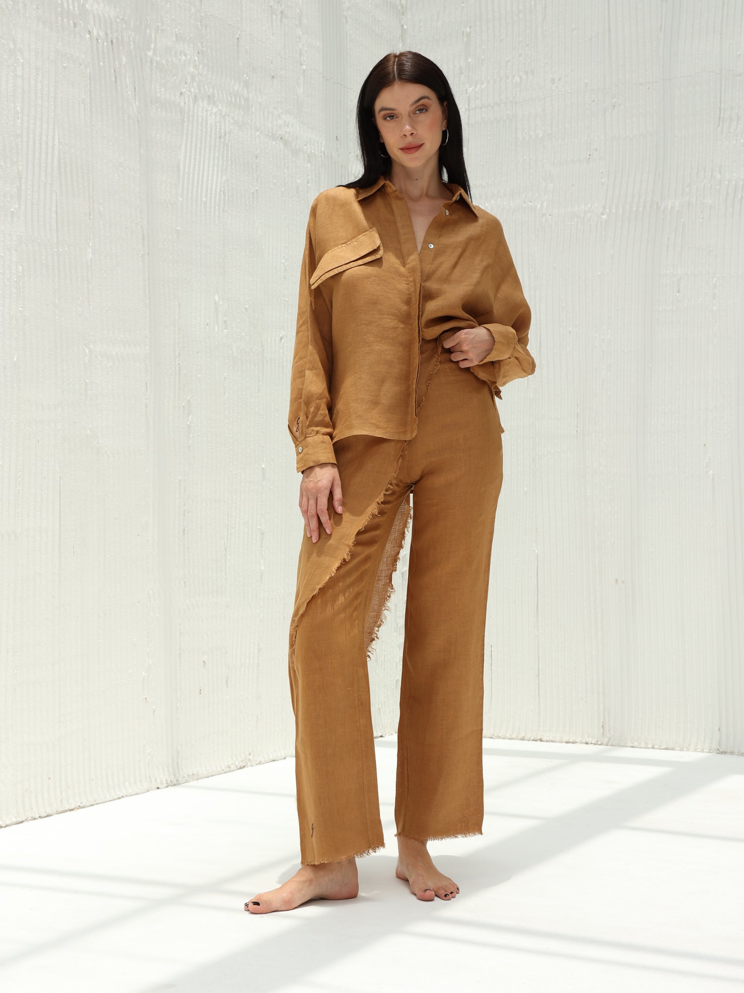 Lia Pure Linen Shirt from G Linen World - Acorn - Coord front