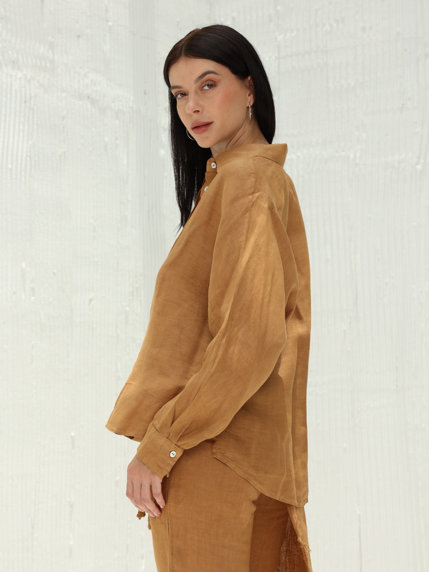 Lia Pure Linen Shirt from G Linen World - Acorn - Side shot