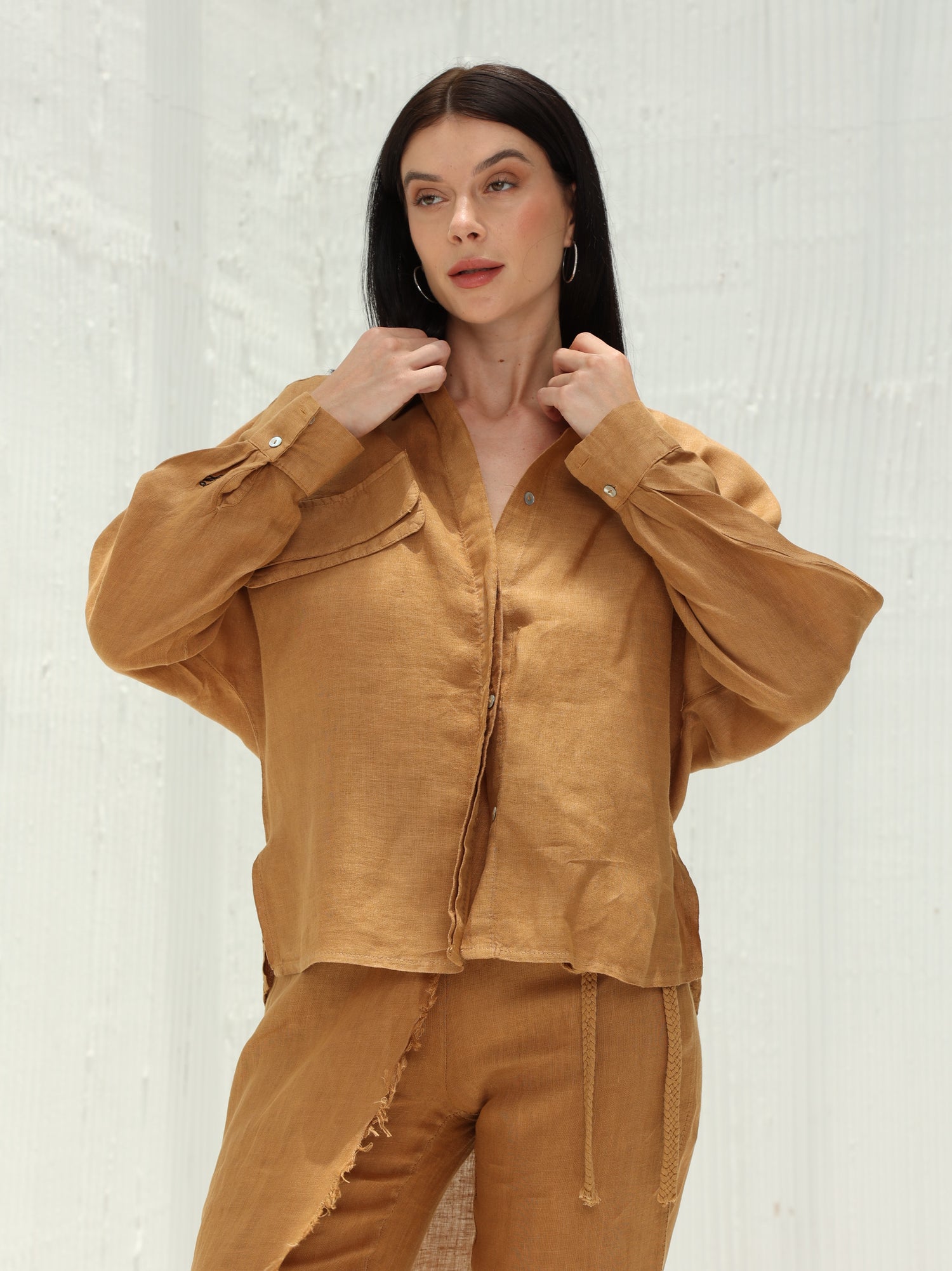 Lia Pure Linen Shirt from G Linen World - Acorn - Front shot