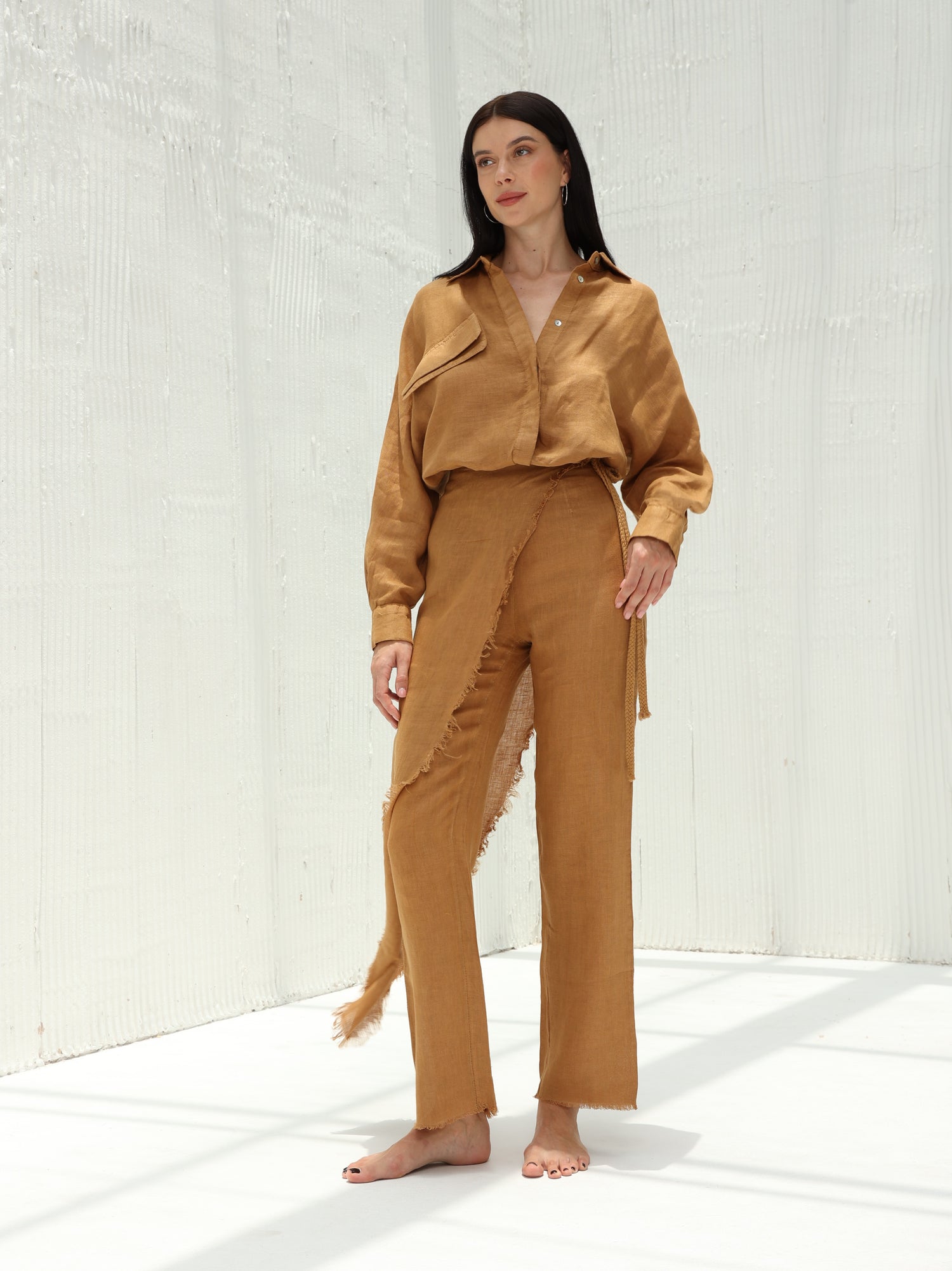 Lia Pure Linen Wrap Skirt Pants by G Linen  - Acorn  - Pants and shirt set
