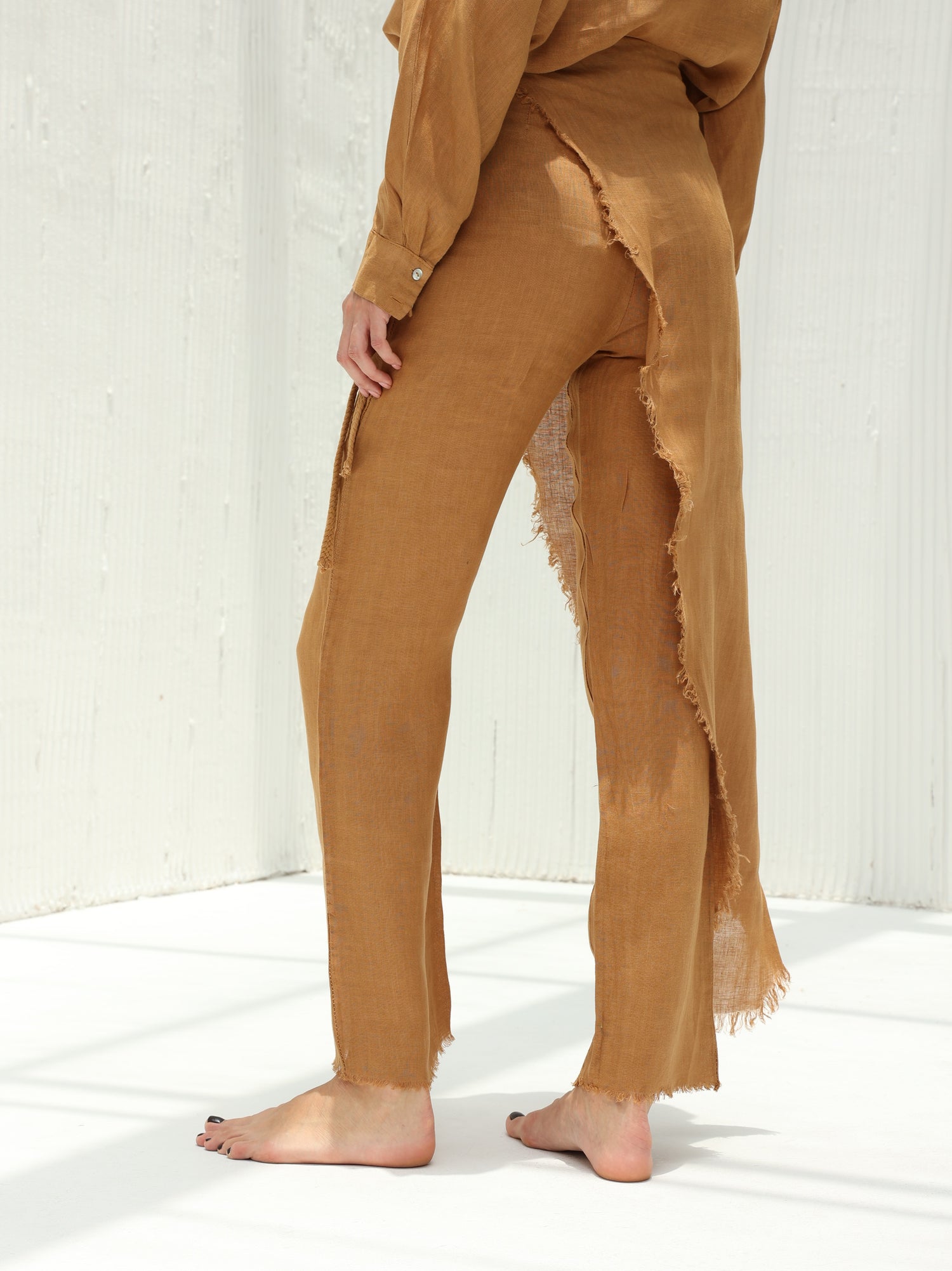 Lia Pure Linen Wrap Skirt Pants by G Linen  - Acorn  - Side shot
