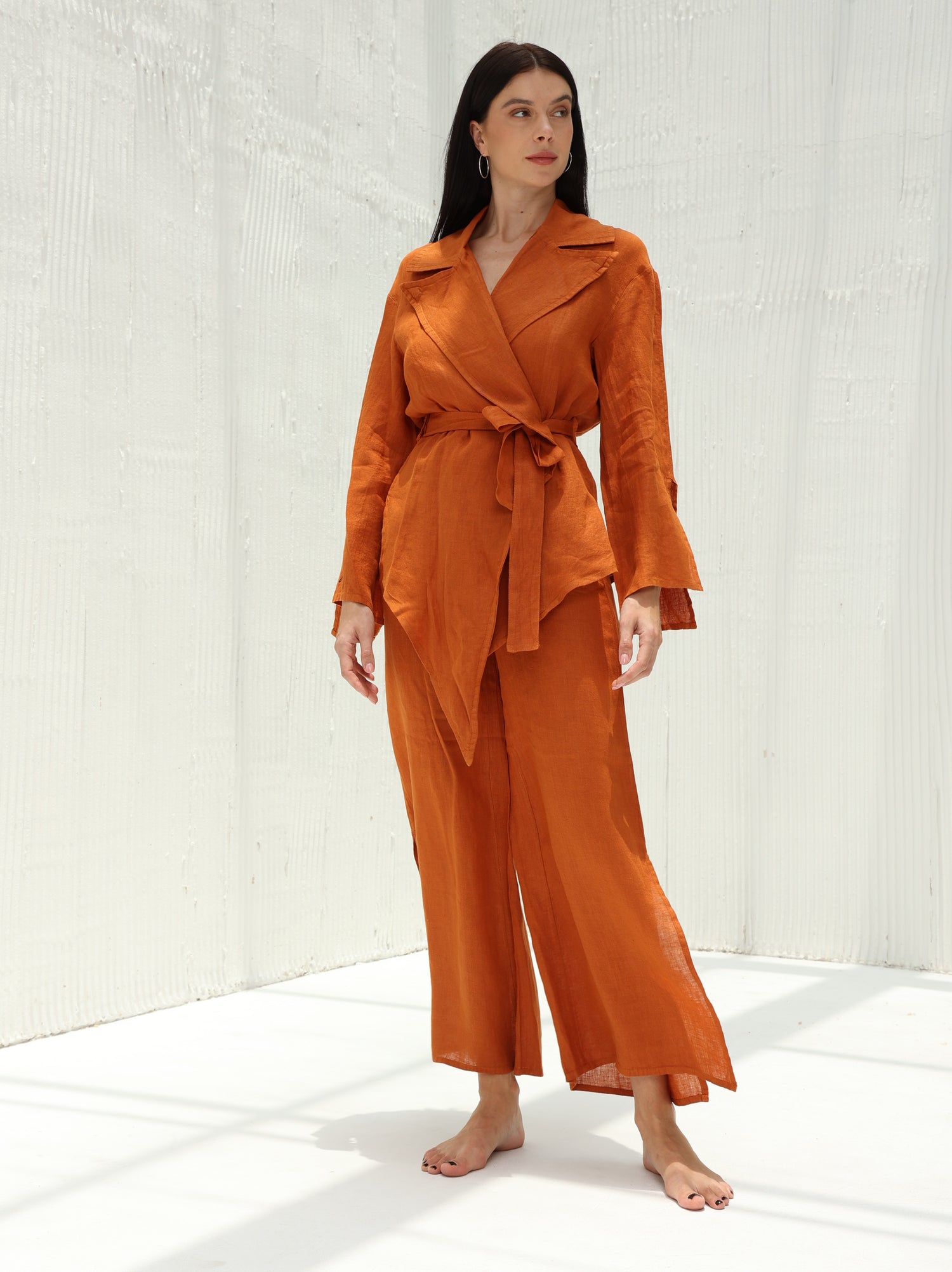 Sofia Pure Linen Side-Slit Pants From G Linen - Rust  - Coord set