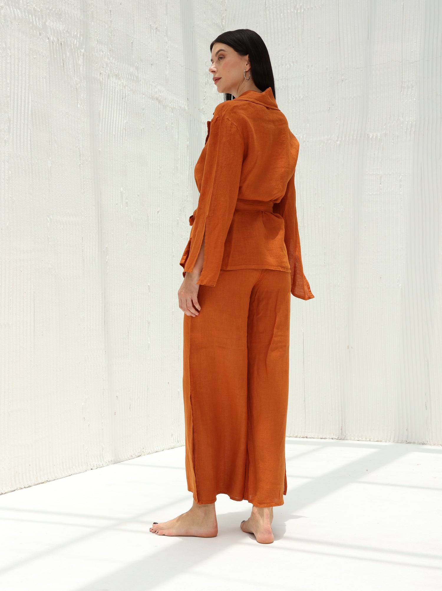 Sofia Pure Linen Side-Slit Pants From G Linen - Rust  - Coord Back shot