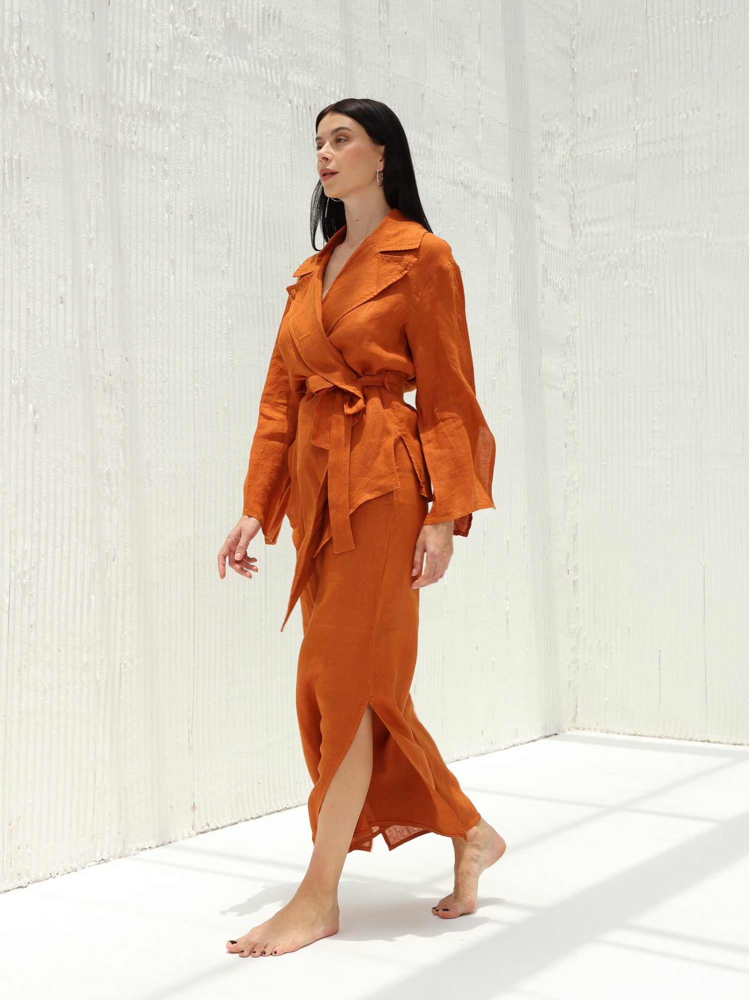 Sofia Pure Linen Side-Slit Pants From G Linen - Rust  - Coord set
