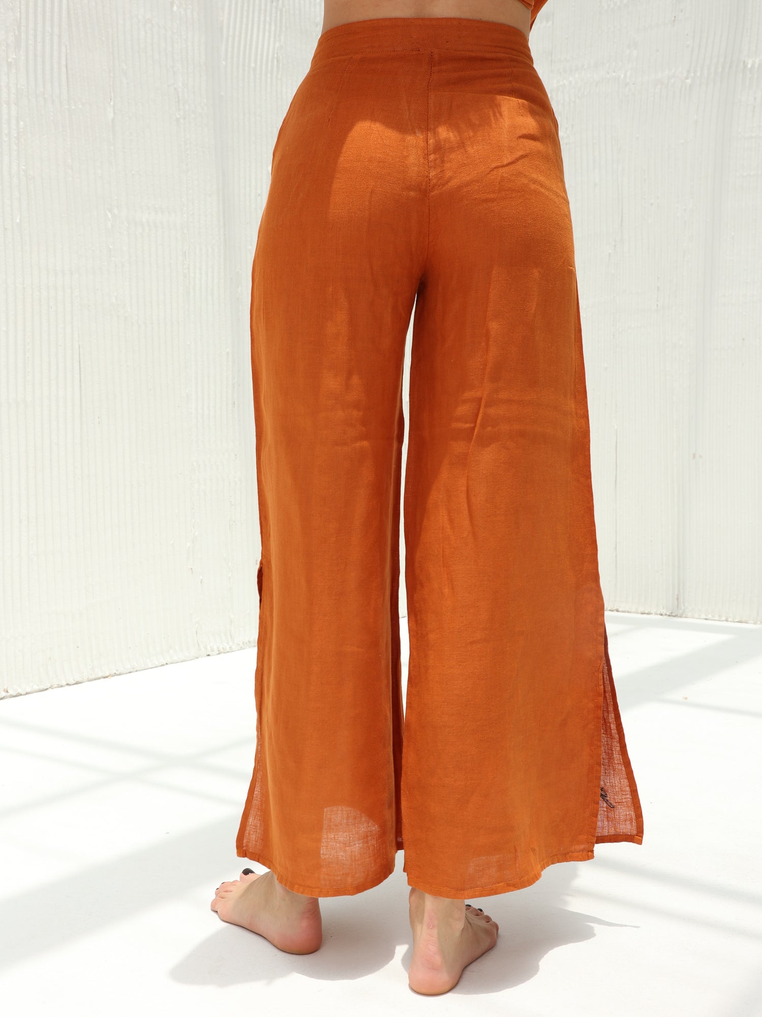 Sofia Pure Linen Side-Slit Pants From G Linen - Rust  - Back shot
