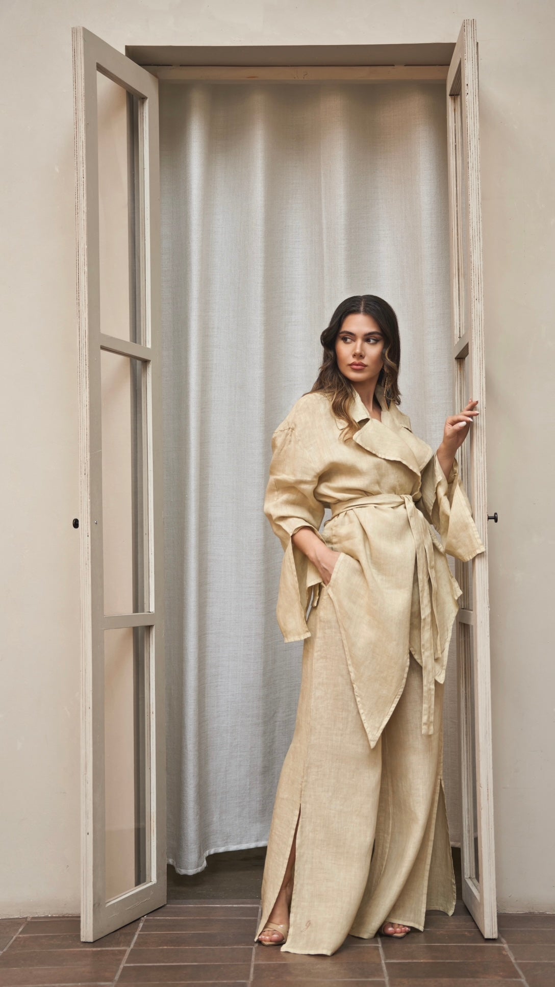 Sofia Pure Linen Belted Closure Asymmetrical Blazer