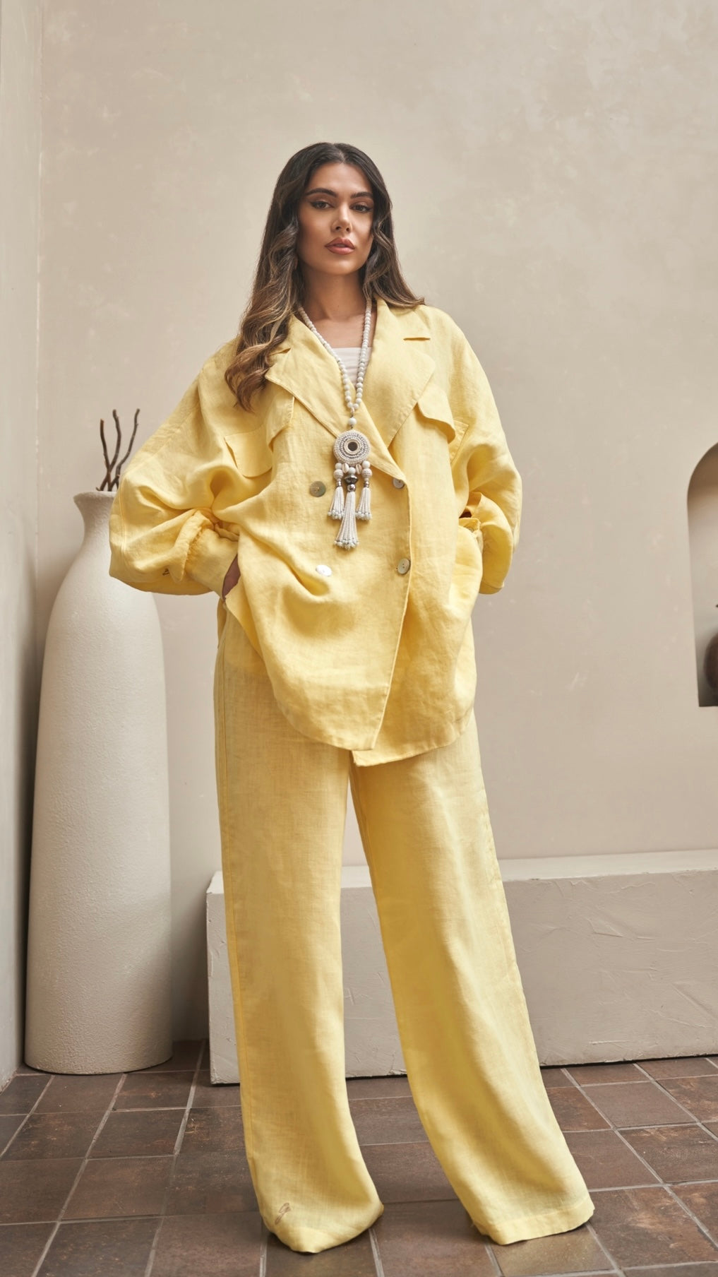 Fia Pure Linen Elasticated Waist Wide-leg Pants