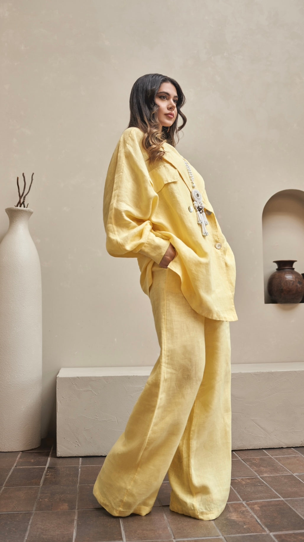 Fia Pure Linen Elasticated Waist Wide-leg Pants