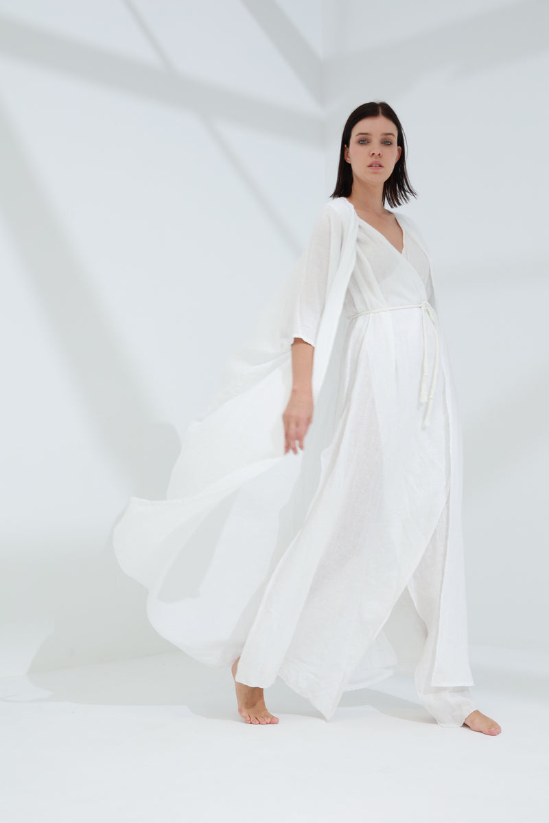 Aria Pure Linen Bisht Abaya Blanco G Linen World