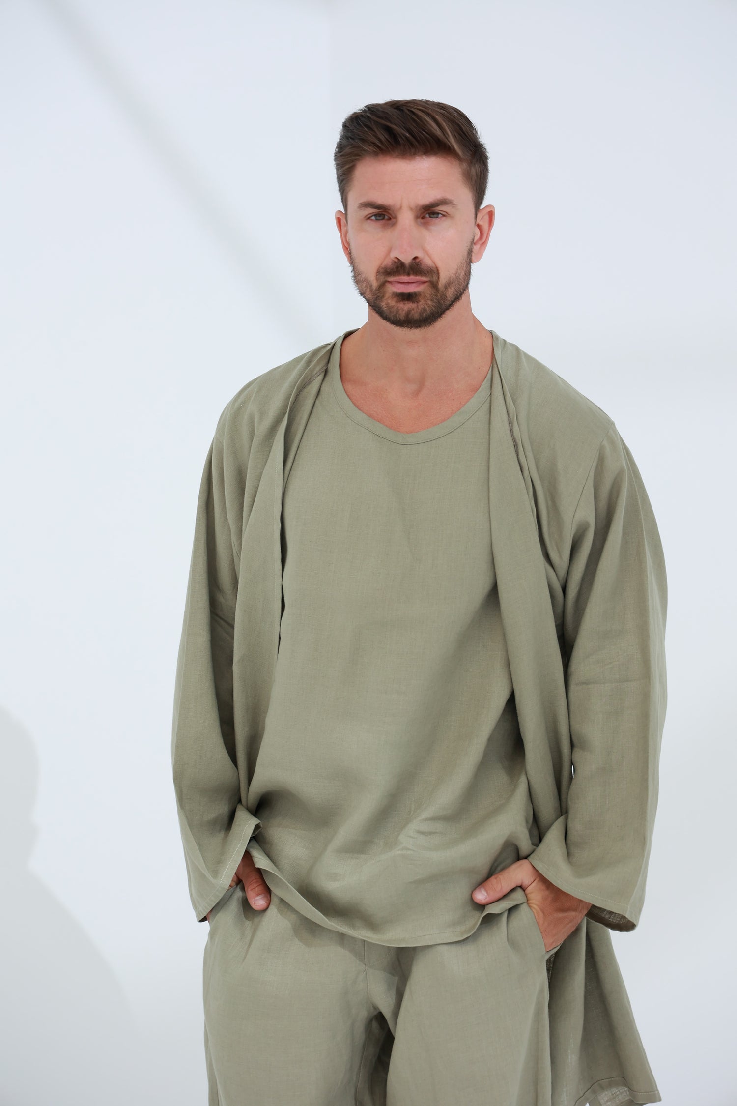 Leggera Men's Linen Cardigan Green - G Linen World