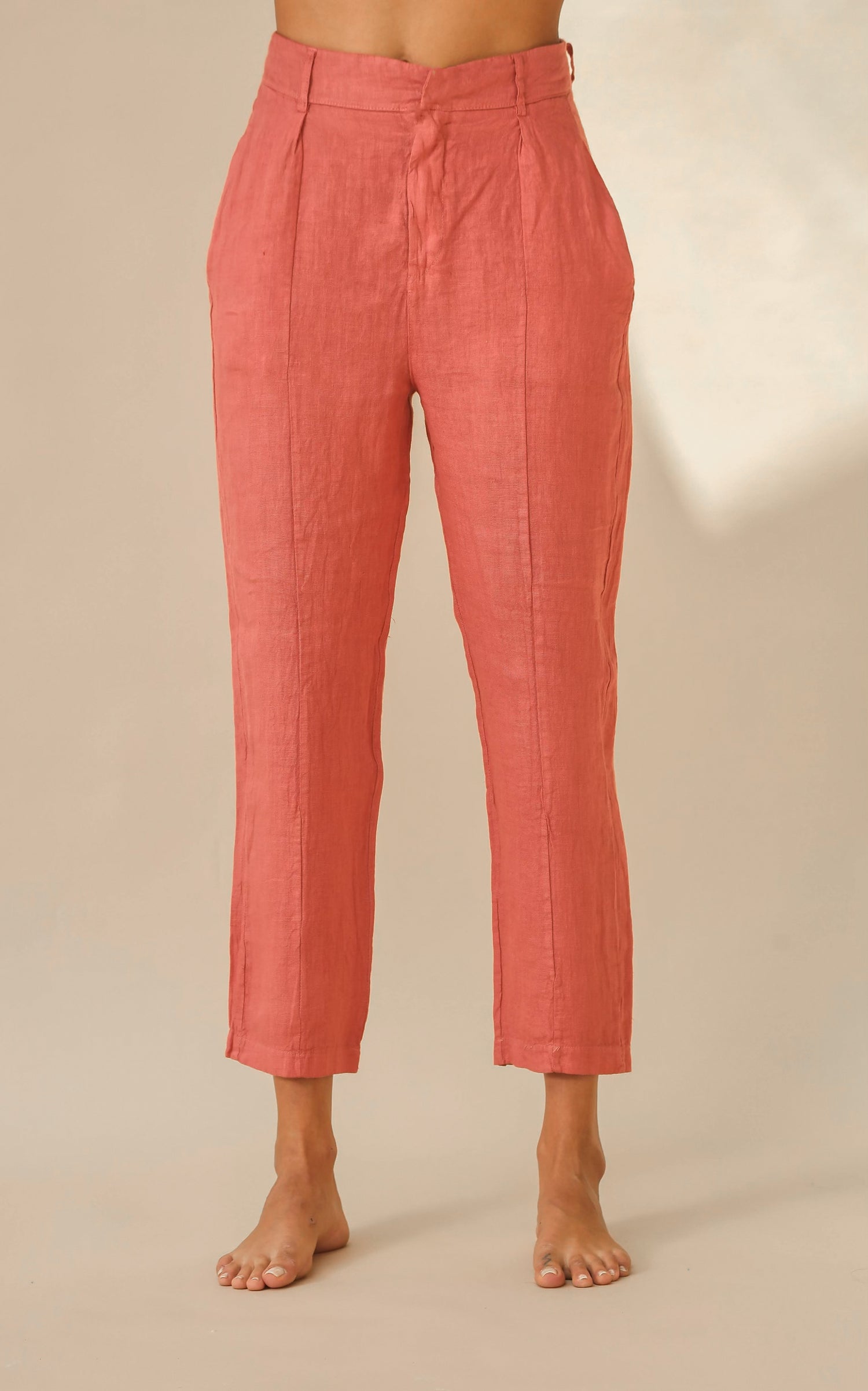 Fiamma Pure Linen Cigarette Leg Trousers in Pepe Rosa | G Linen World