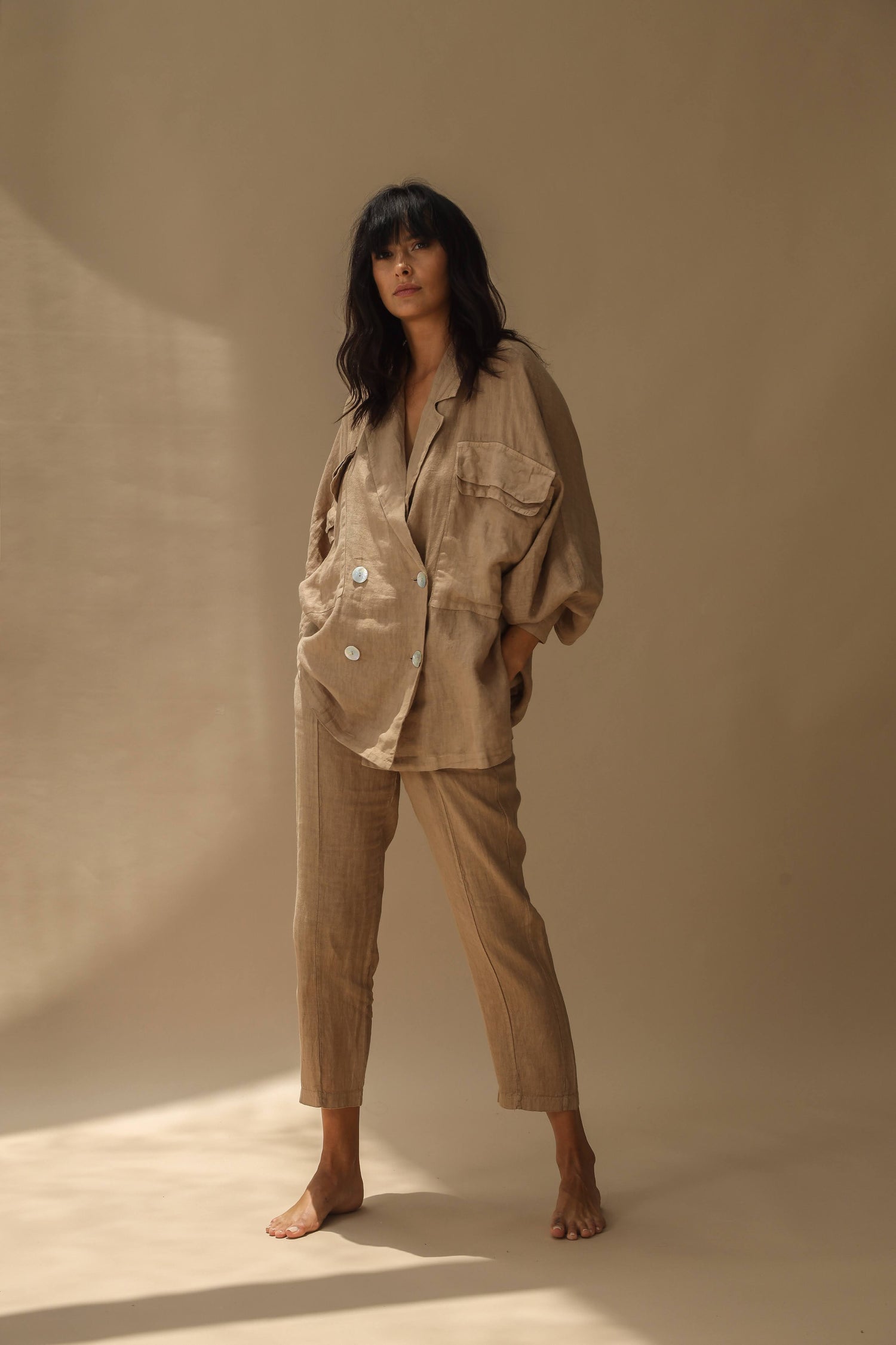 Fimma Pure Linen Doubled Breasted Blazer in Cammello | G Linen World