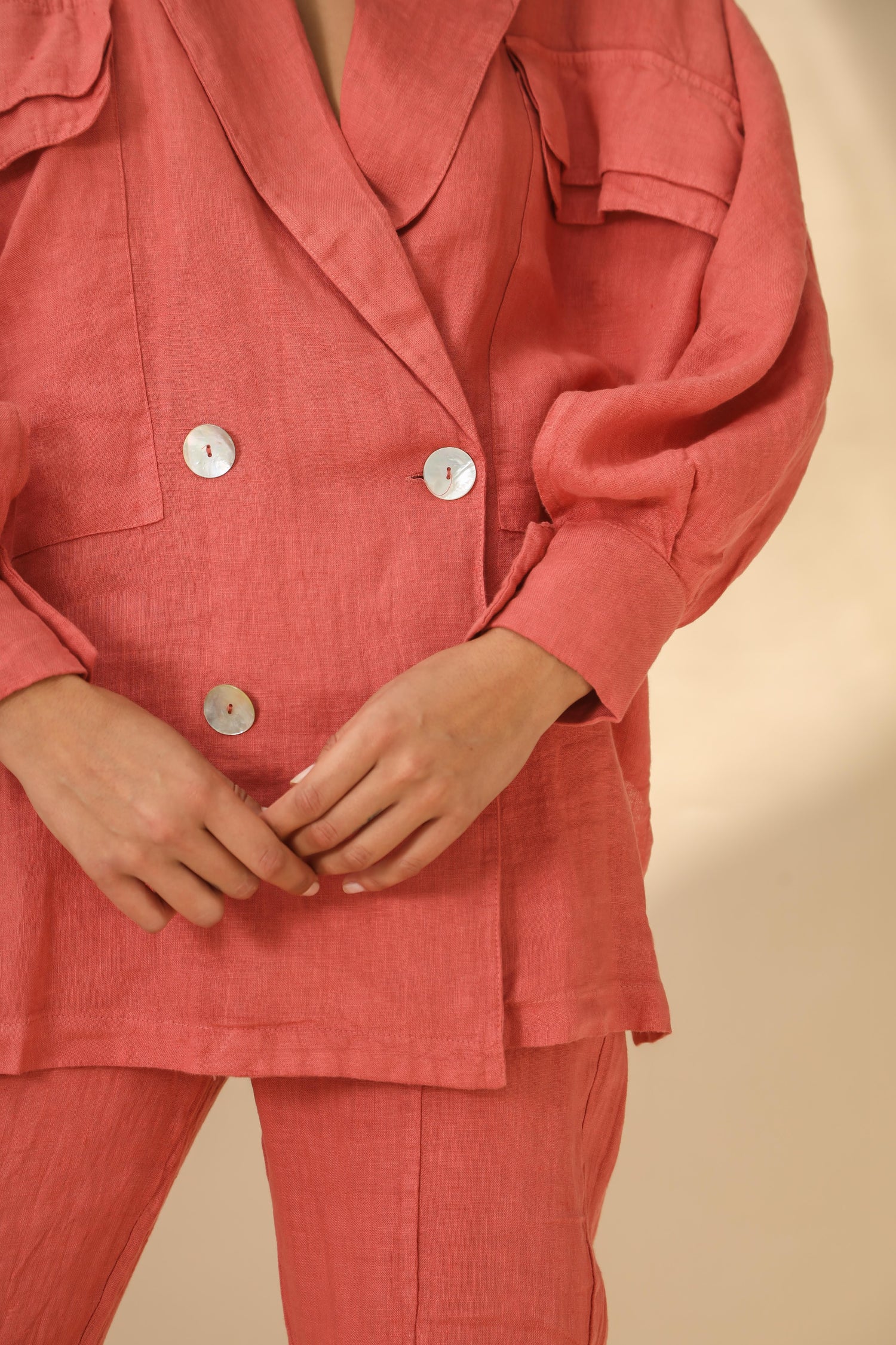 Fiamma Pure Linen Double Breasted Blazer in Pepe Rosa | G Linen World