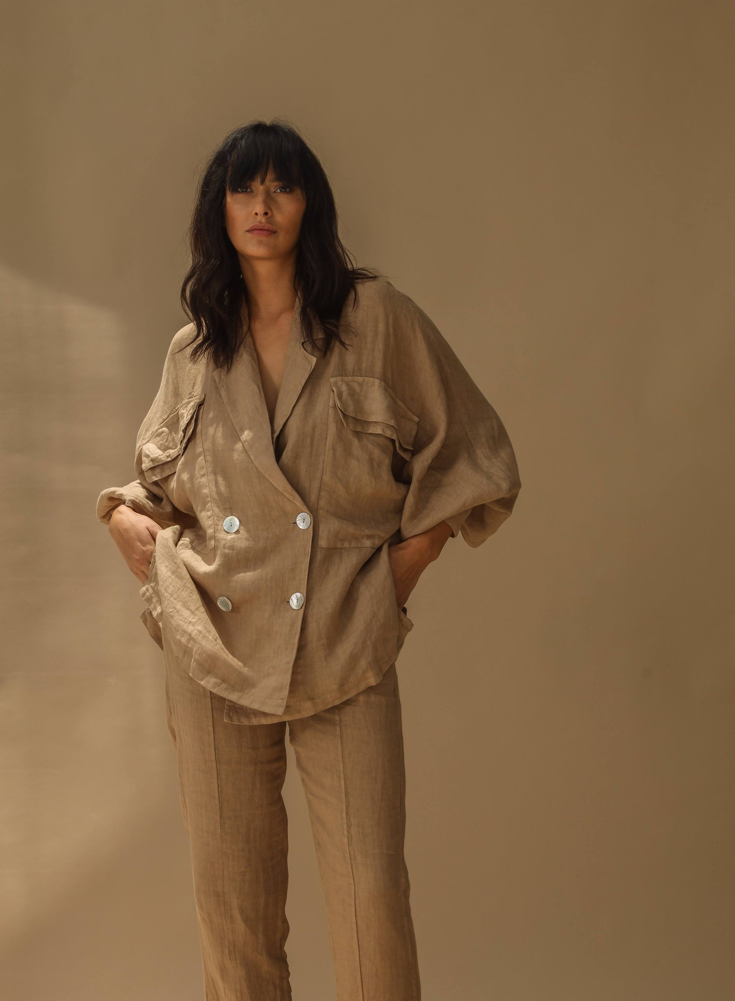 Fimma Pure Linen Doubled Breasted Blazer in Cammello | G Linen World