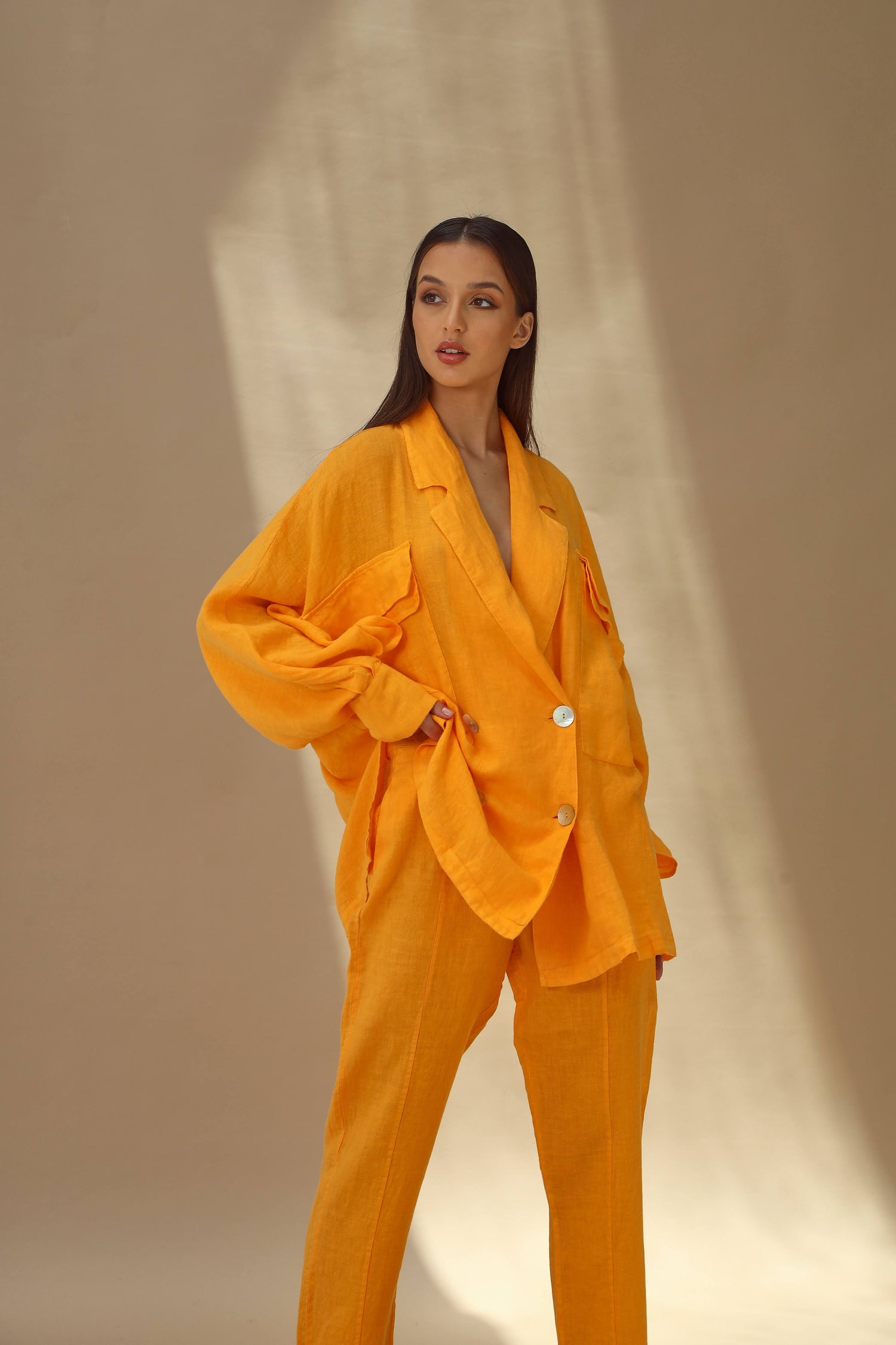Fiamma Pure Linen Double Breasted Blazer in Mandarine | G Linen World