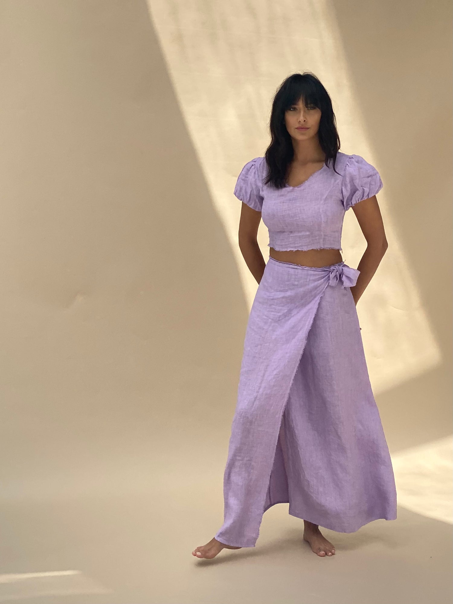 Tocco Voluminous Pure Linen Crop Top in Violet | G Linen World