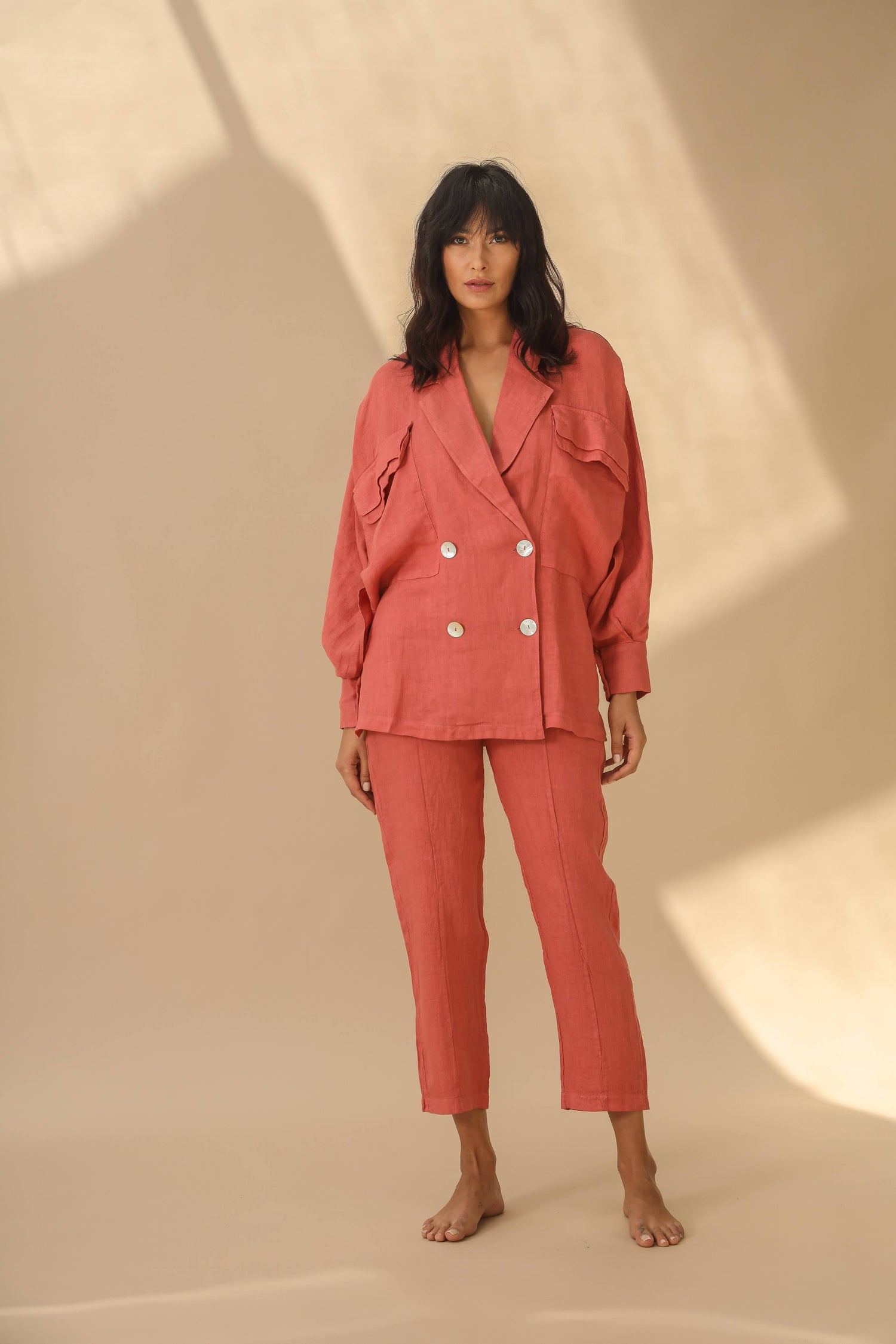 Fiamma Pure Linen Double Breasted Blazer in Pepe Rosa | G Linen World