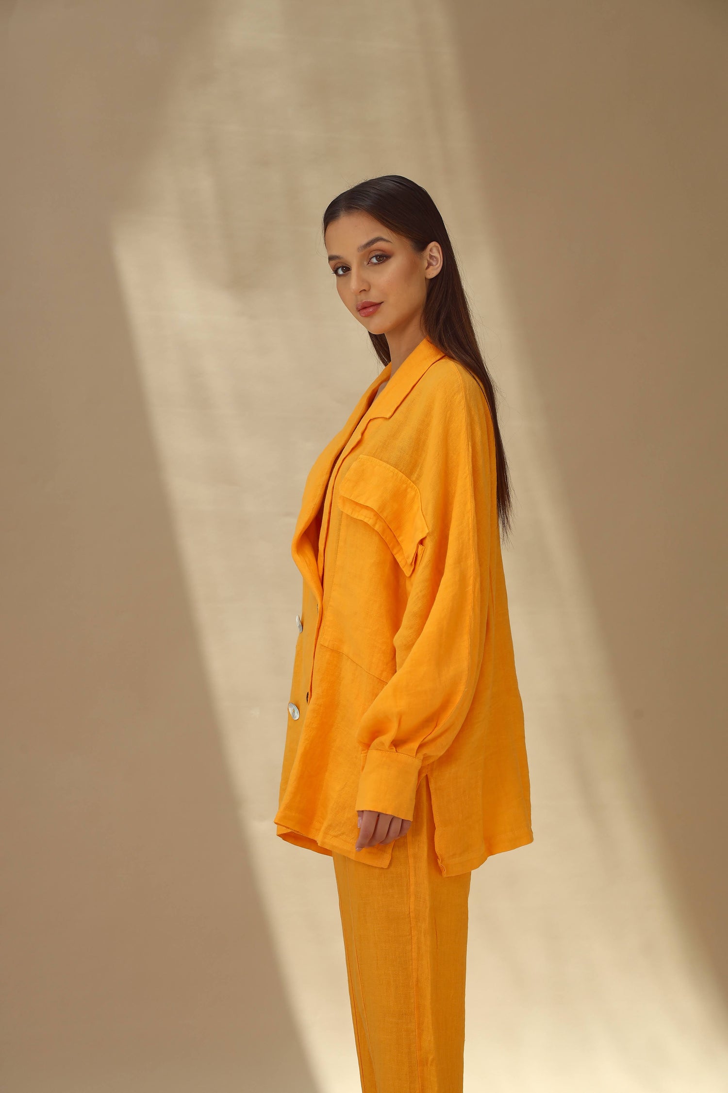 Fiamma Pure Linen Double Breasted Blazer in Mandarine | G Linen World