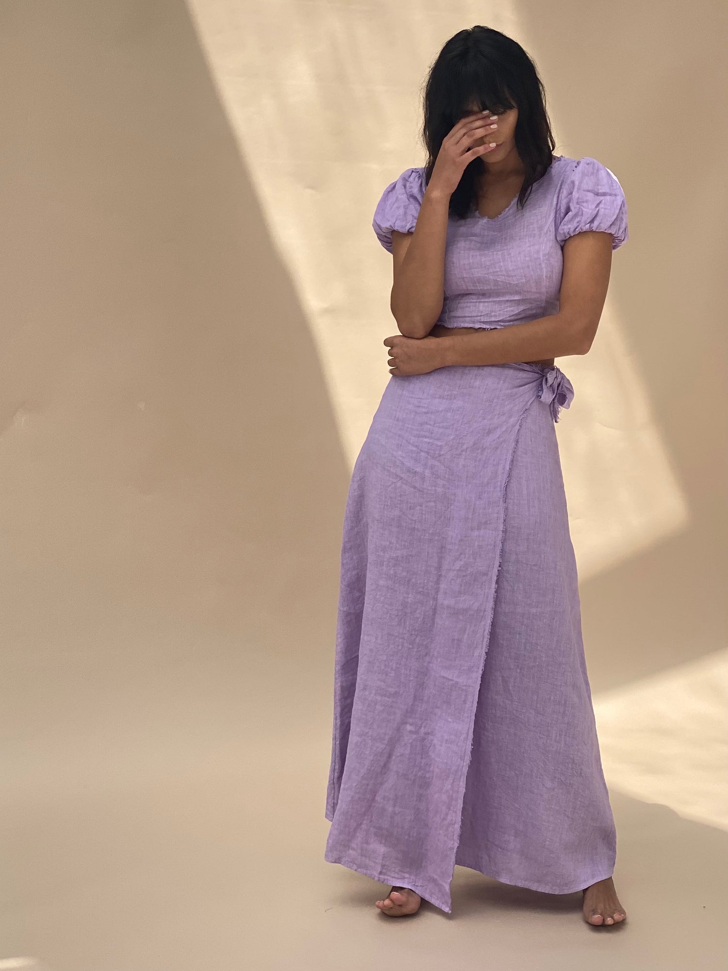 Tocco Voluminous Pure Linen Crop Top in Violet | G Linen World