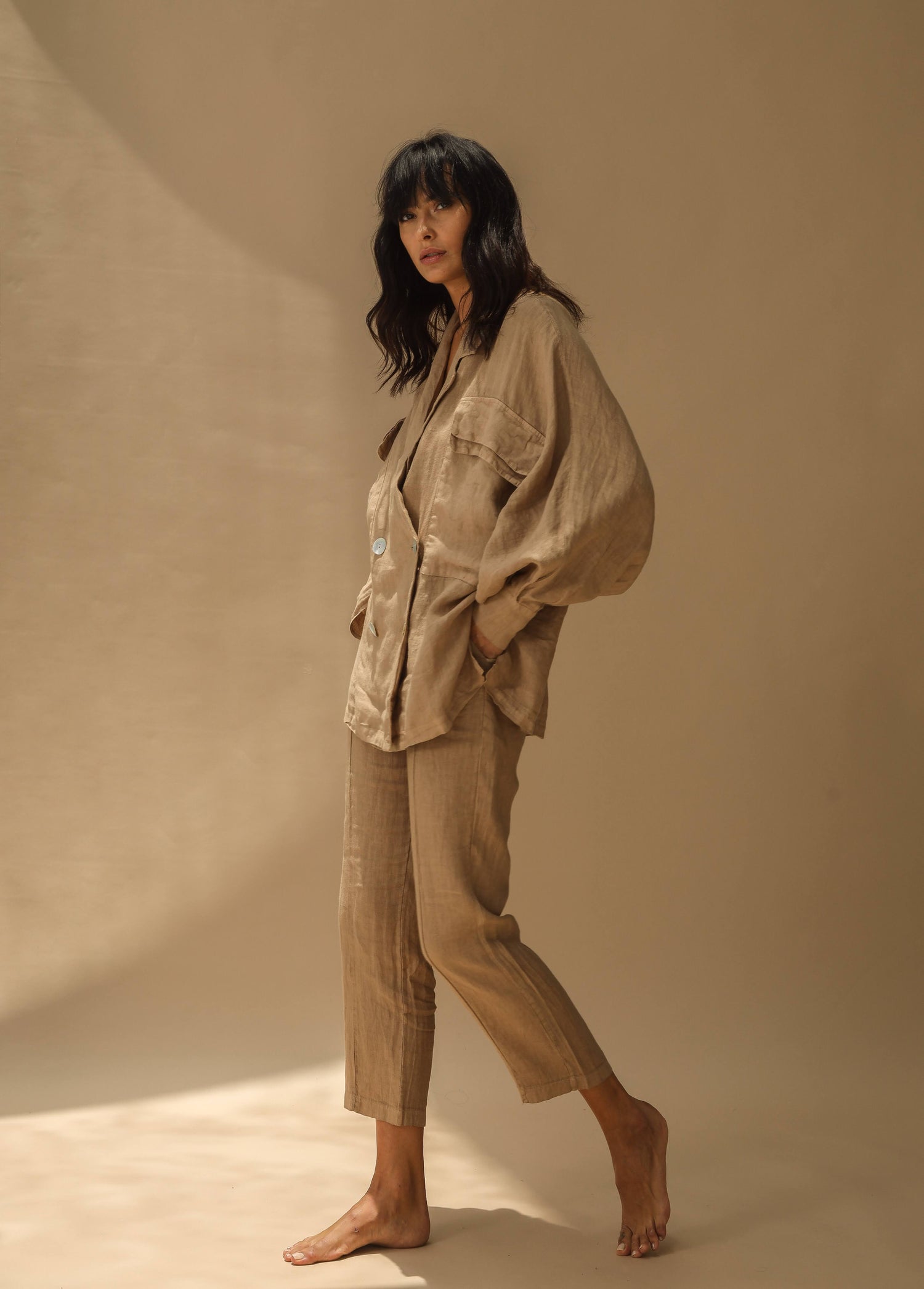 Fiamma Pure Linen Cigarette Leg Trousers in Cammello | G Linen World