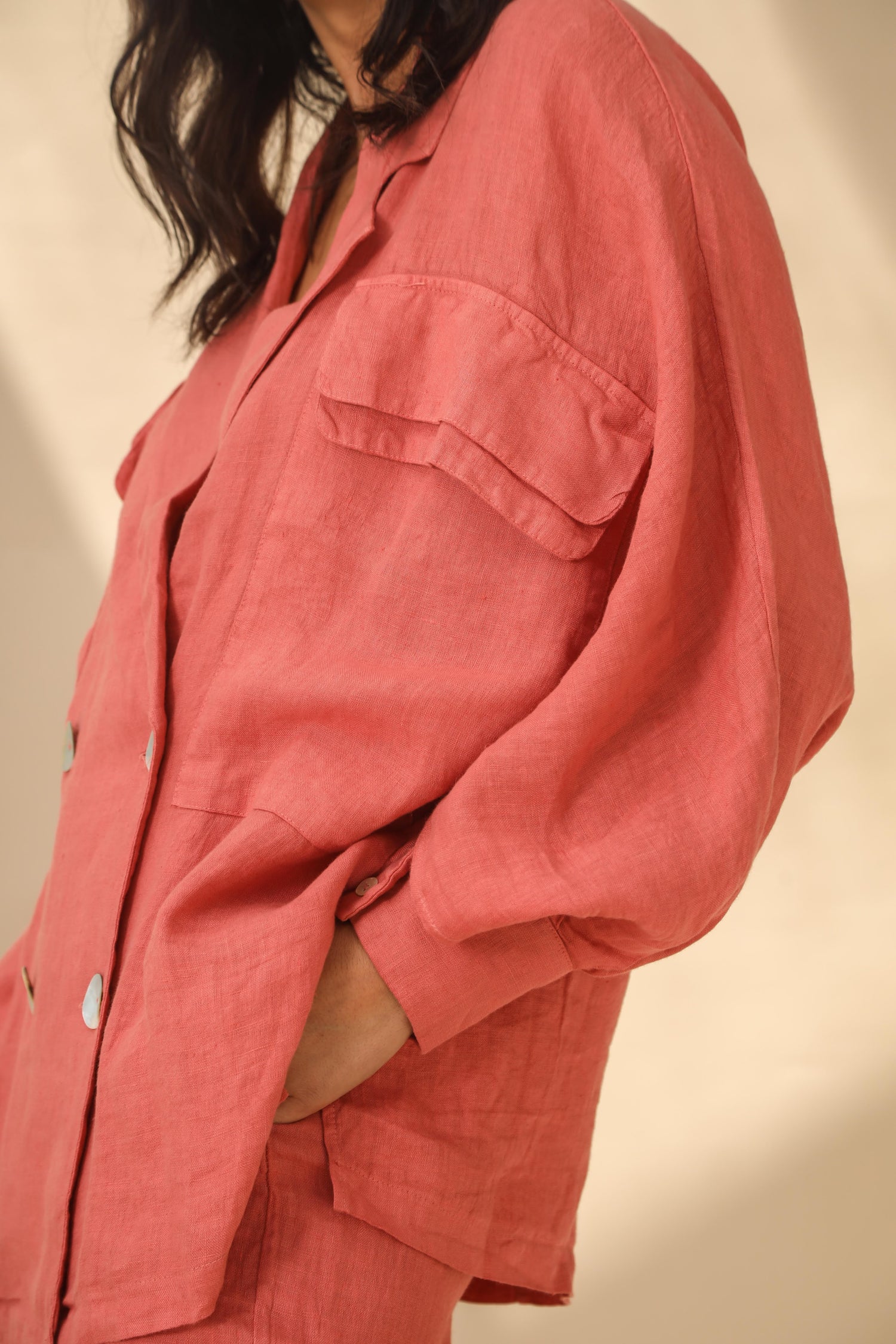 Fiamma Pure Linen Double Breasted Blazer in Pepe Rosa | G Linen World