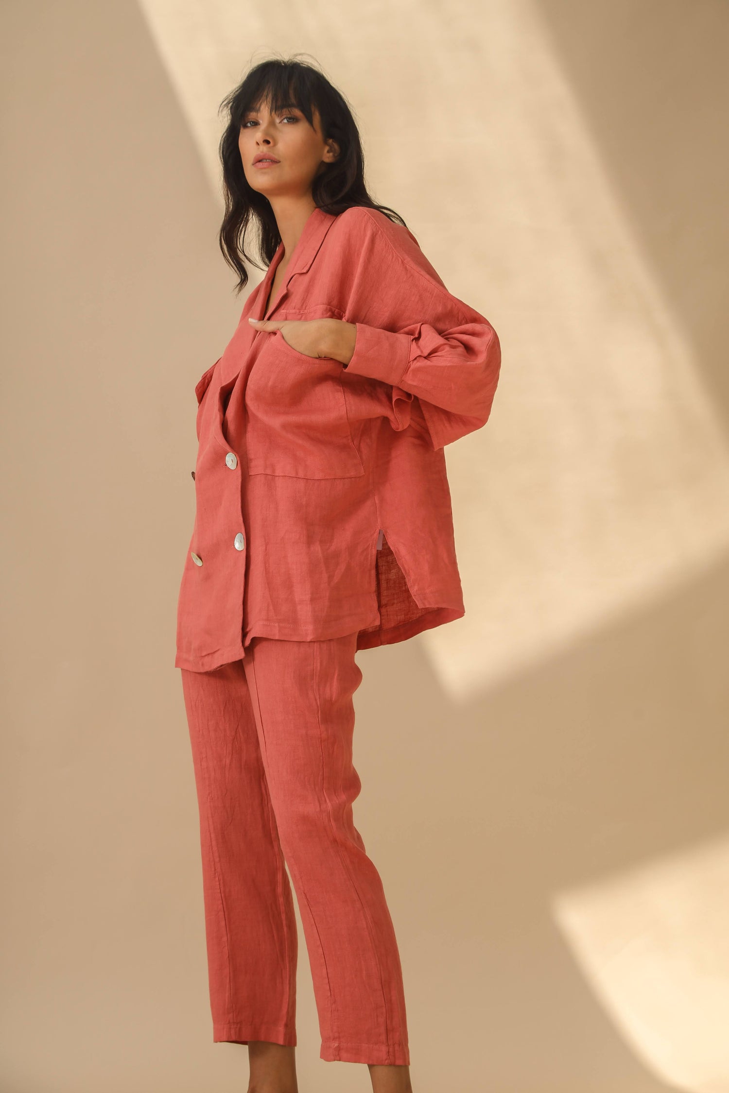 Fiamma Pure Linen Double Breasted Blazer in Pepe Rosa | G Linen World