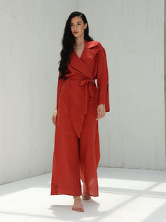 Sofia Pure Linen Side-Slit Pants From G Linen - Pompeian Red - Coord set Jacket and Pants