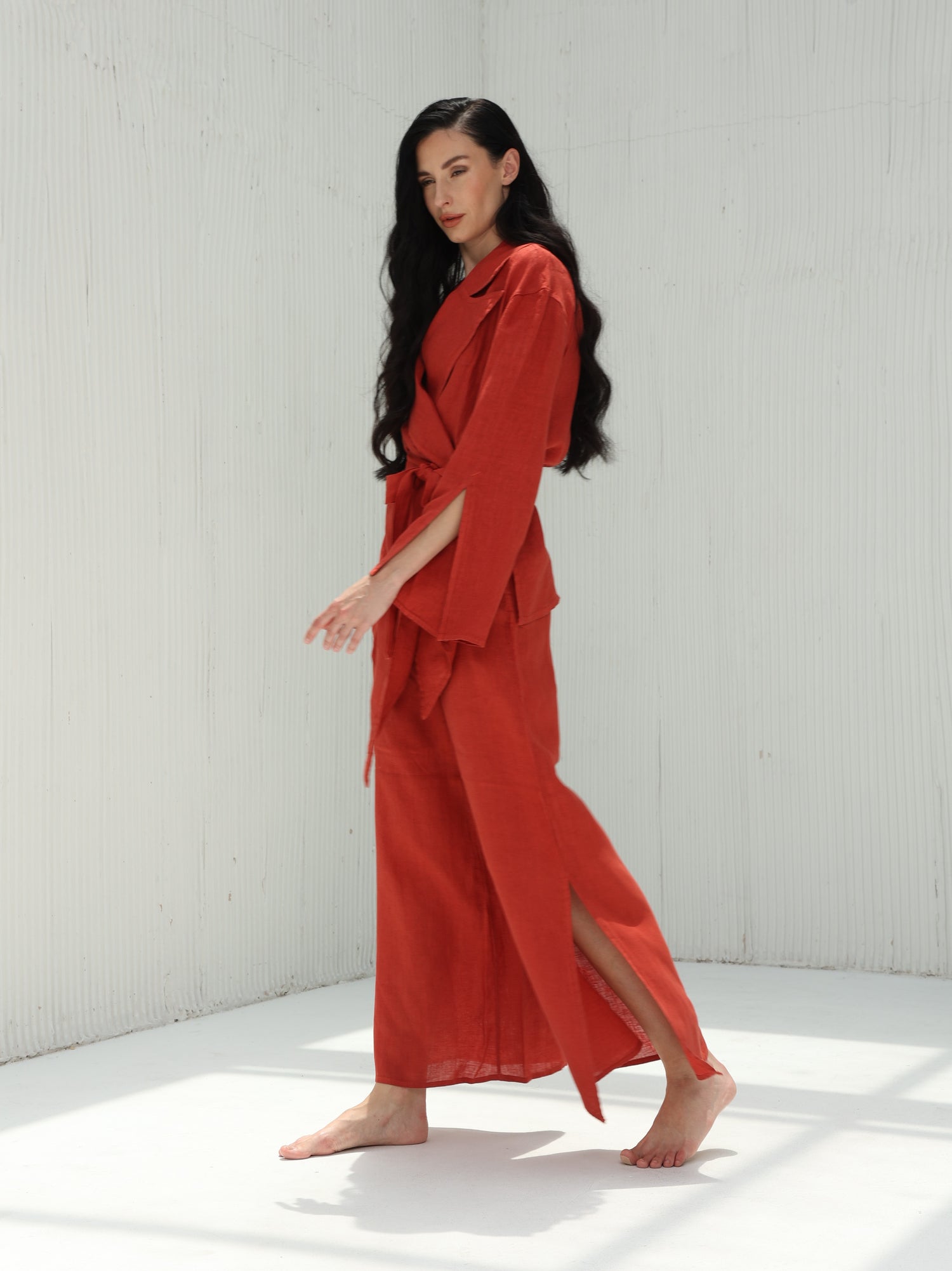 Sofia Pure Linen Side-Slit Pants From G Linen - Pompeian Red - Coord set side shot