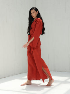 Sofia Pure Linen Side-Slit Pants From G Linen - Pompeian Red - Coord set side shot