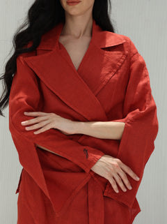 Sofia Pure Linen Blazer From G Linen World - Pompeian Red - Details 