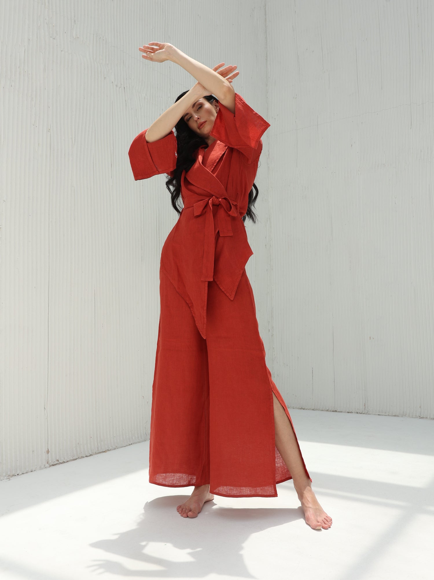 Sofia Pure Linen Side-Slit Pants From G Linen - Pompeian Red - Coord set