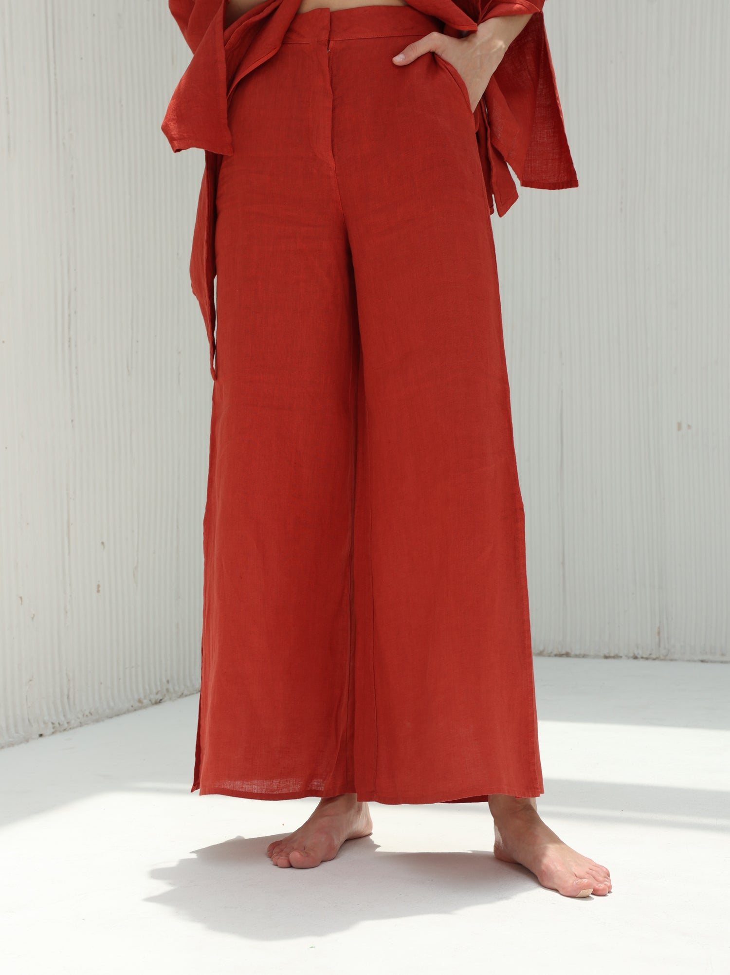Sofia Pure Linen Side-Slit Pants From G Linen - Pompeian Red - Front shot