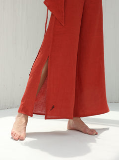 Sofia Pure Linen Side-Slit Pants From G Linen - Pompeian Red  - Details