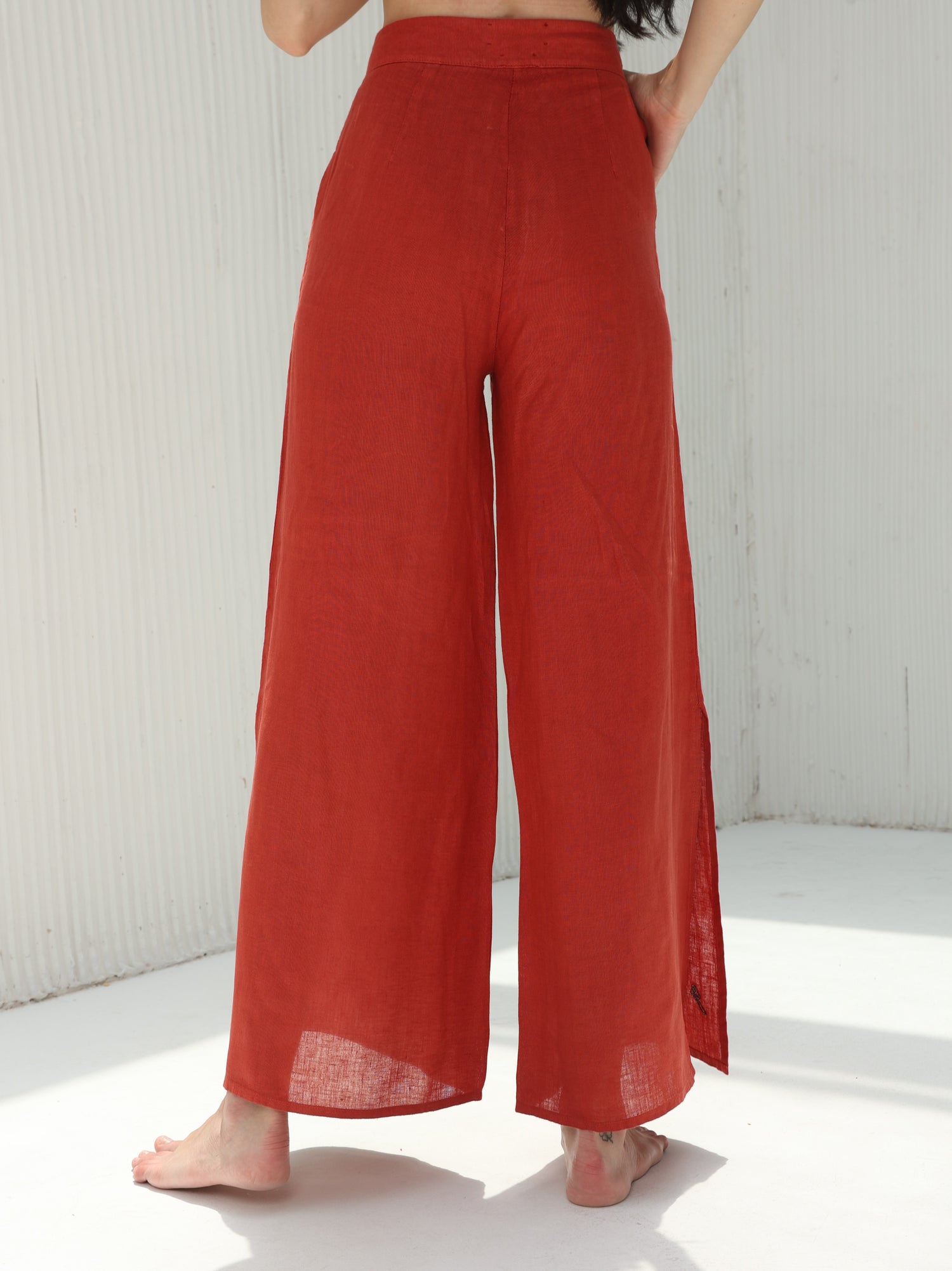 Sofia Pure Linen Side-Slit Pants From G Linen - Pompeian Red - Back Shot