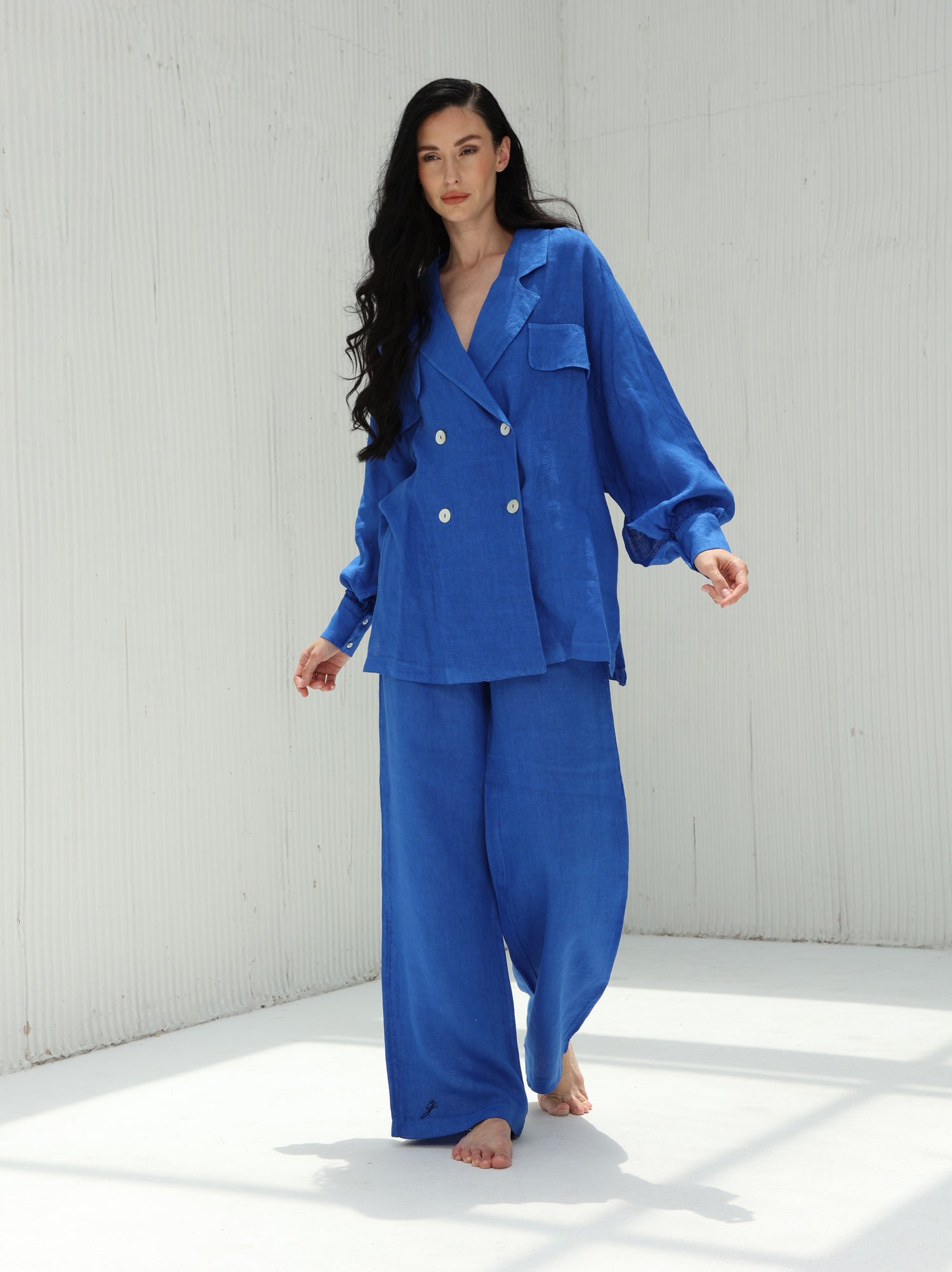 Fia Pure Linen Double-Breasted Blazer from G Linen World - Classic Blue - Coord set