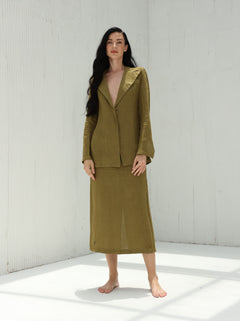 Eva Pure Linen Midi Skirt by G Linen World  - Olive Skirt & shirt shot