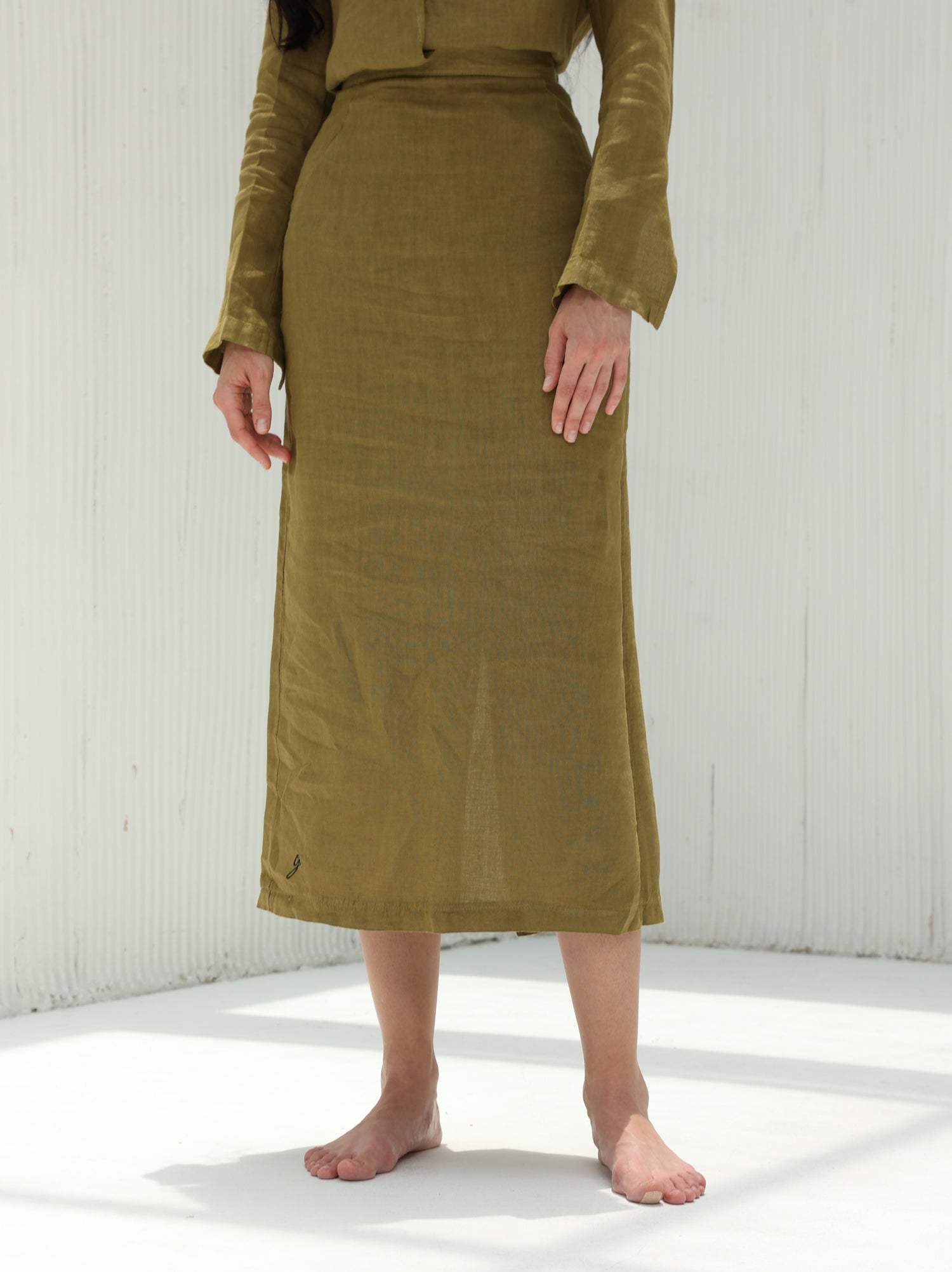 Eva Pure Linen Midi Skirt by G Linen World  - Olive - Front shot