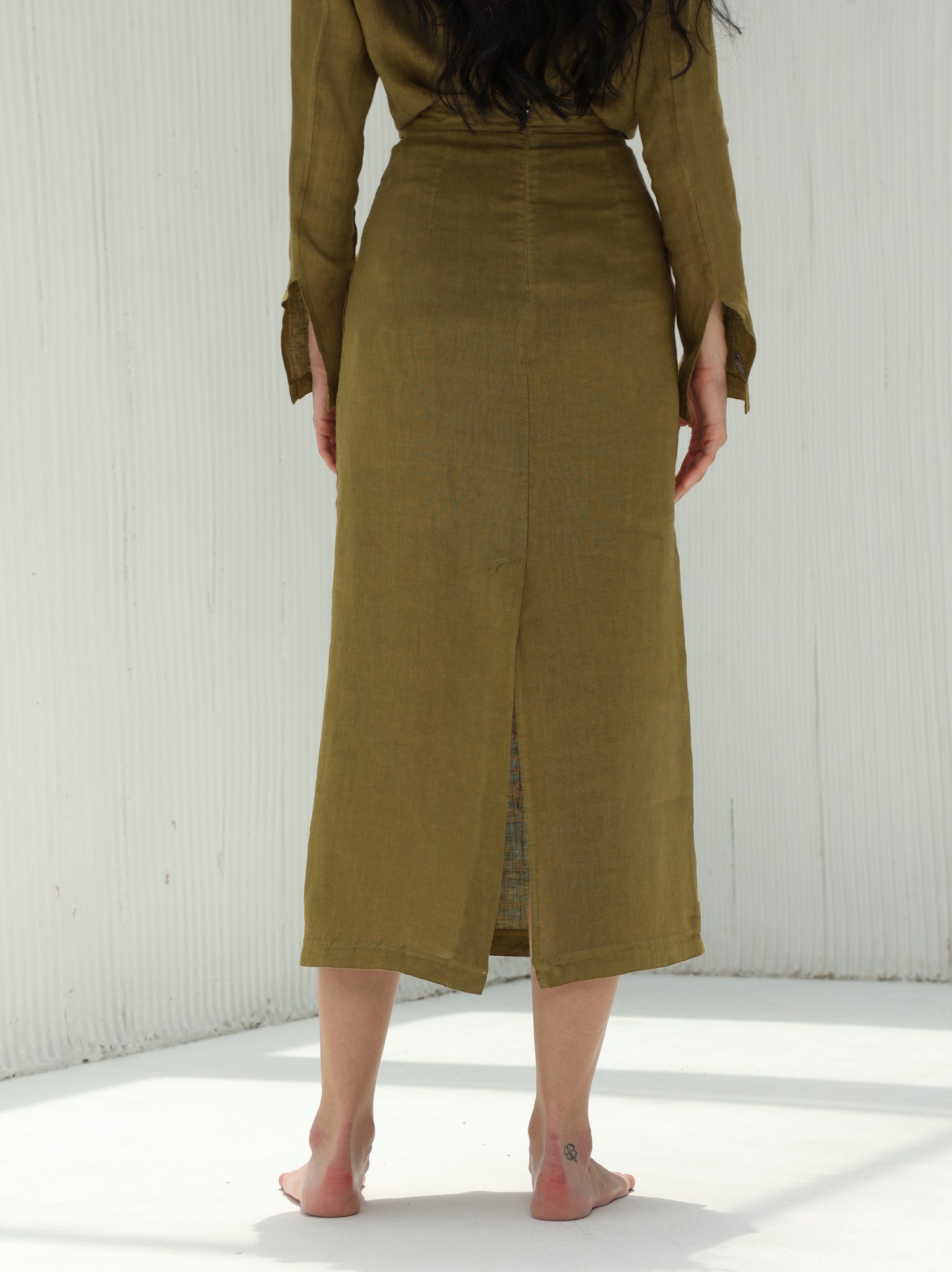 Eva Pure Linen Midi Skirt by G Linen World  - Olive - Back shot 